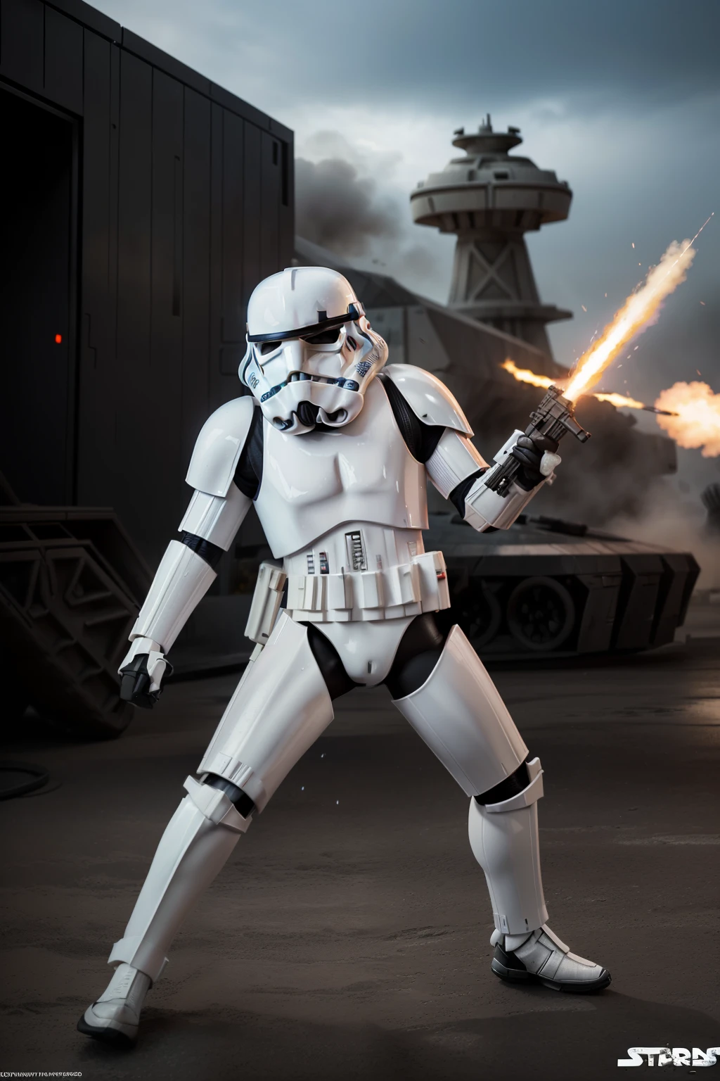 /imagine prompt: Stormtrooper, Star Wars scene, fighting Rebels, blast fire still picture, action position, (sharp focus on Stormtrooper's helmet and weapon), (dramatic camera effects with motion blur and depth of field to emphasize the chaos of battle), (intense lighting with contrasting shadows and highlights to enhance the sense of action), --ar 2:3 --model 025b30da6f --cfgscale 9.0 --steps 30 --zoom 2.0 sampler_name:Euler use_hires_fix:Yes combine_images:No (Additional description: The Stormtrooper is positioned in a dynamic