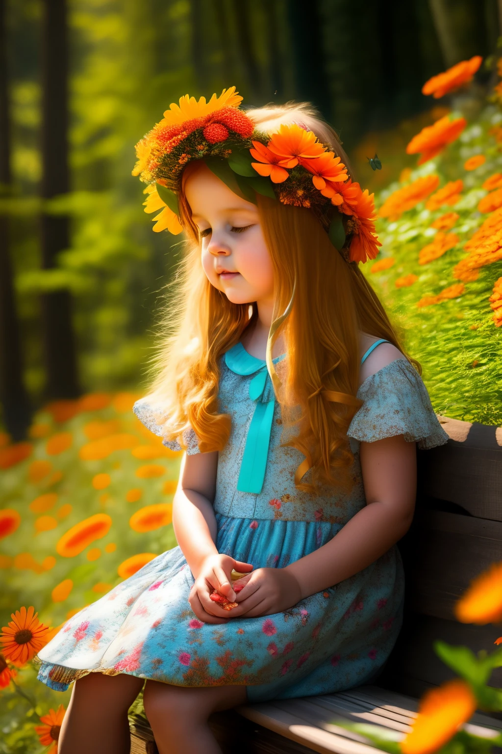 In a sun-dappled forest clearing, a young girl with a flower crown adorns her head, nestled comfortably on a worn, weathered wooden bench. Her ginger cat companion, with piercing orange eyes, sits purr-fectly beside her, its ears perked up in attentiveness. A bouquet of wildflowers rests in her lap, adding an air of enchantment to the idyllic setting.
Butterflies, their wings iridescent and delicate, dance gracefully around them, painting a vivid scene of nature's wonders. Long, golden rays of sunlight filter through the dense canopy above, casting warm, gentle illumination upon the girl