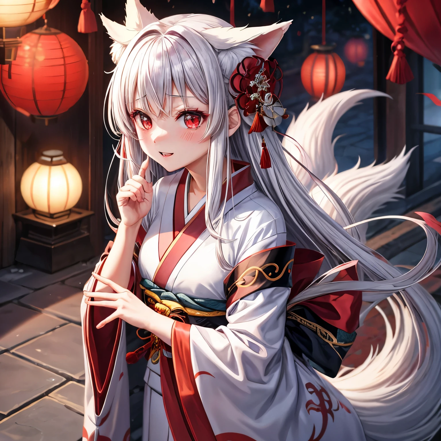 silber hair、red eyes、One pretty girl、solo、animesque、Kimono、red blush、the Nine-Tailed Fox