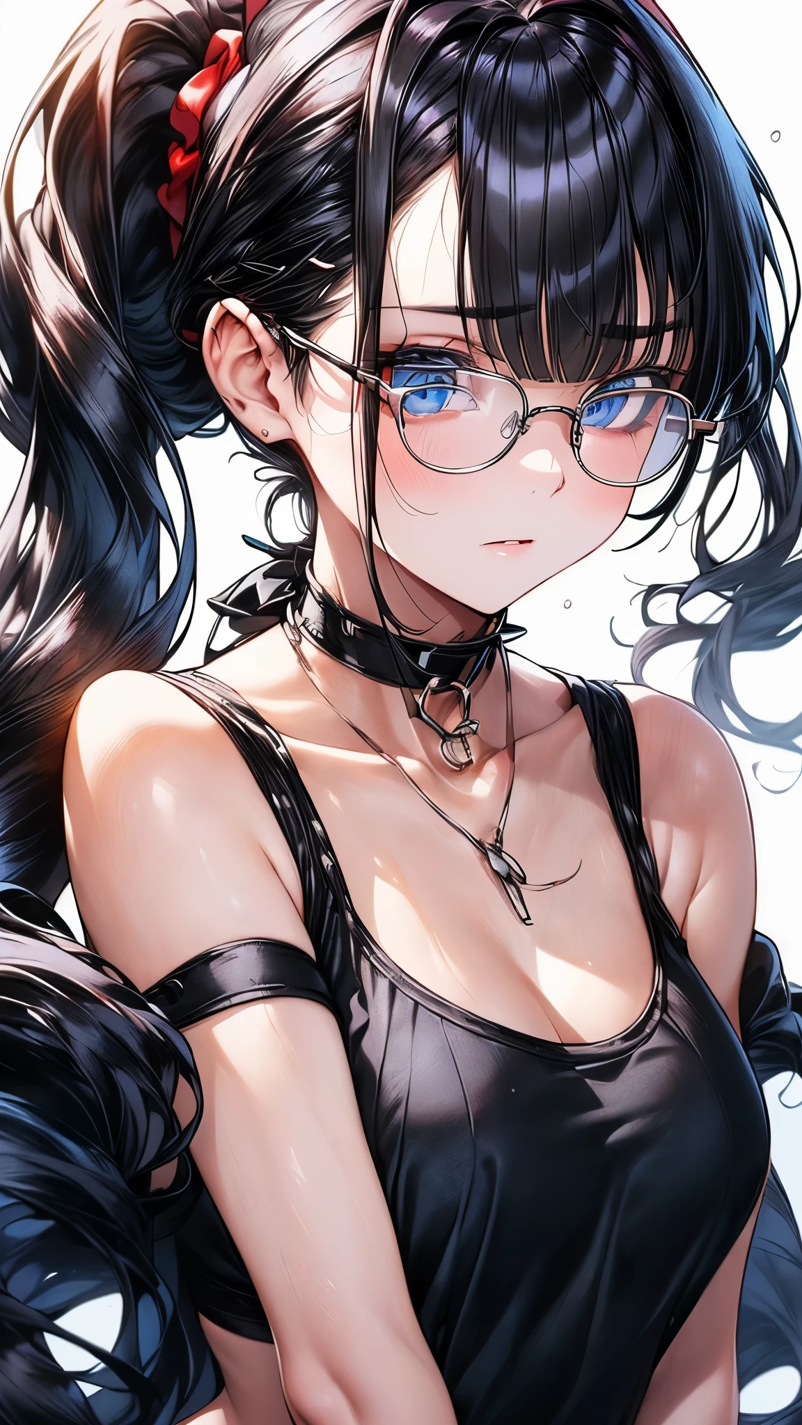 1 female,black hair, ,((impatient look)),beautiful breasts,thin white tank top,good style,,(facing the front)(((cheeks turn red、surprised expression)),(((low ponytail))),((( upper body portrait)))frameless glasses,blue eyes,(((The bangs are even)))((See-through))sexy bra(wet state)