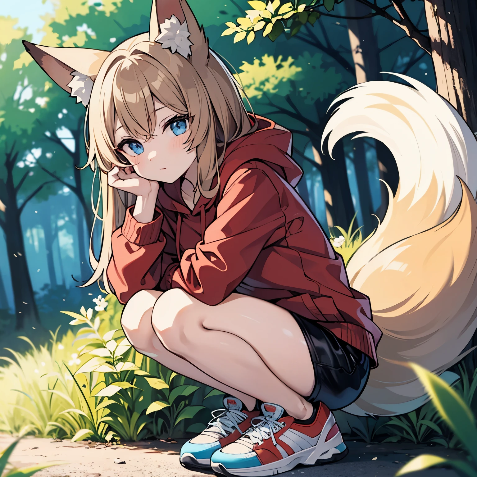 Masterpiece, best quality, colorful, 4k, Bloom, Long hair, fluffy hair, light brown hair, fox ears, blue eyes, bored, red hoodie, black shorts, red Sneakers, Forest,