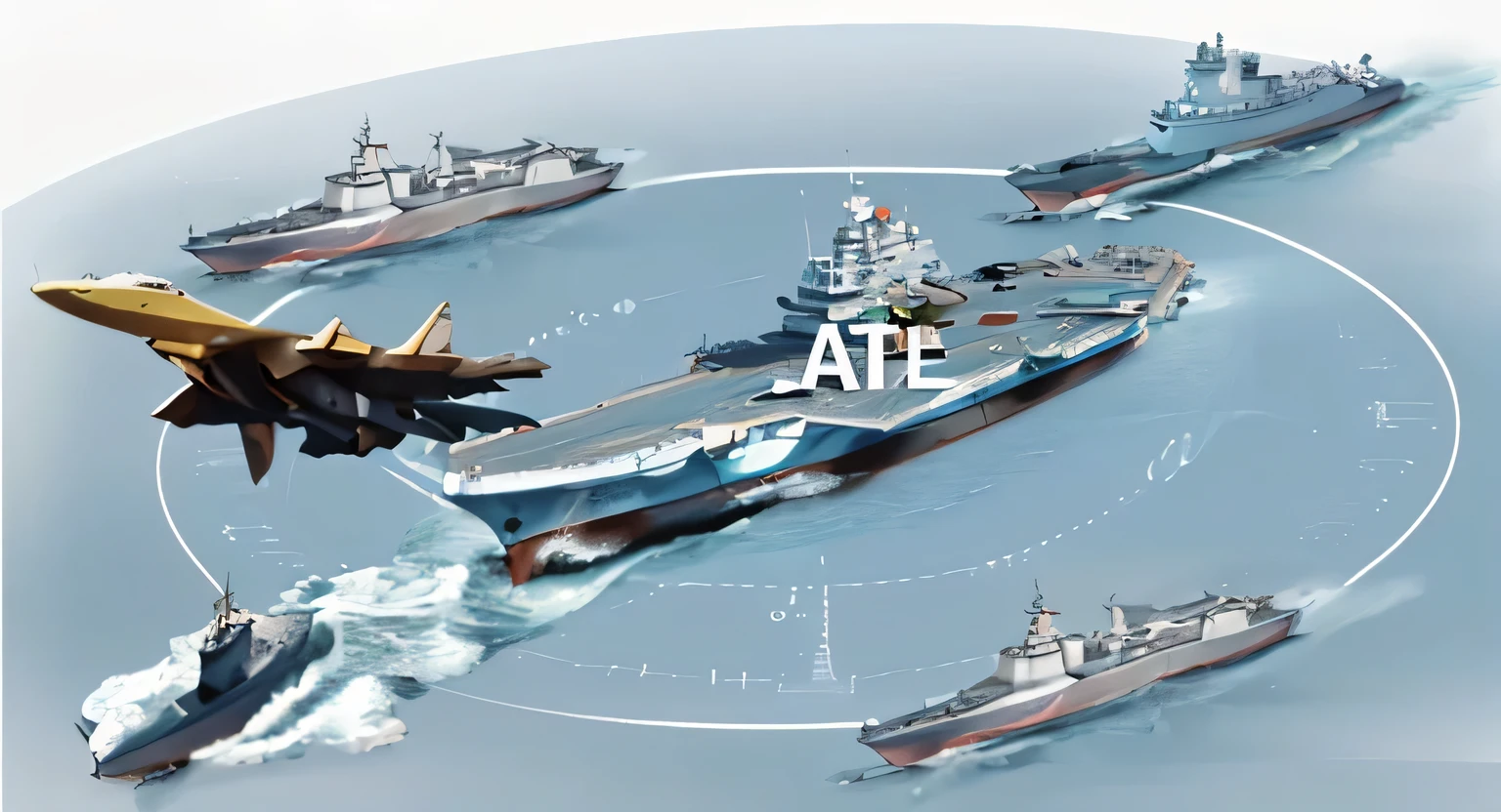 "depict a vast ocean scene,including an aircraft carrier、cruiser、destroyer、frigate、a submarine and a supply ship。in the center of the screen,surrounded by other ships。Each ship has detailed equipment and manning,Showcase their respective features and functions。The ocean background should include crashing waves and a distant skyline,Highlight the size and strength of the ship。Use vibrant colors and fine details to depict this image,Make it look real and spectacular。"