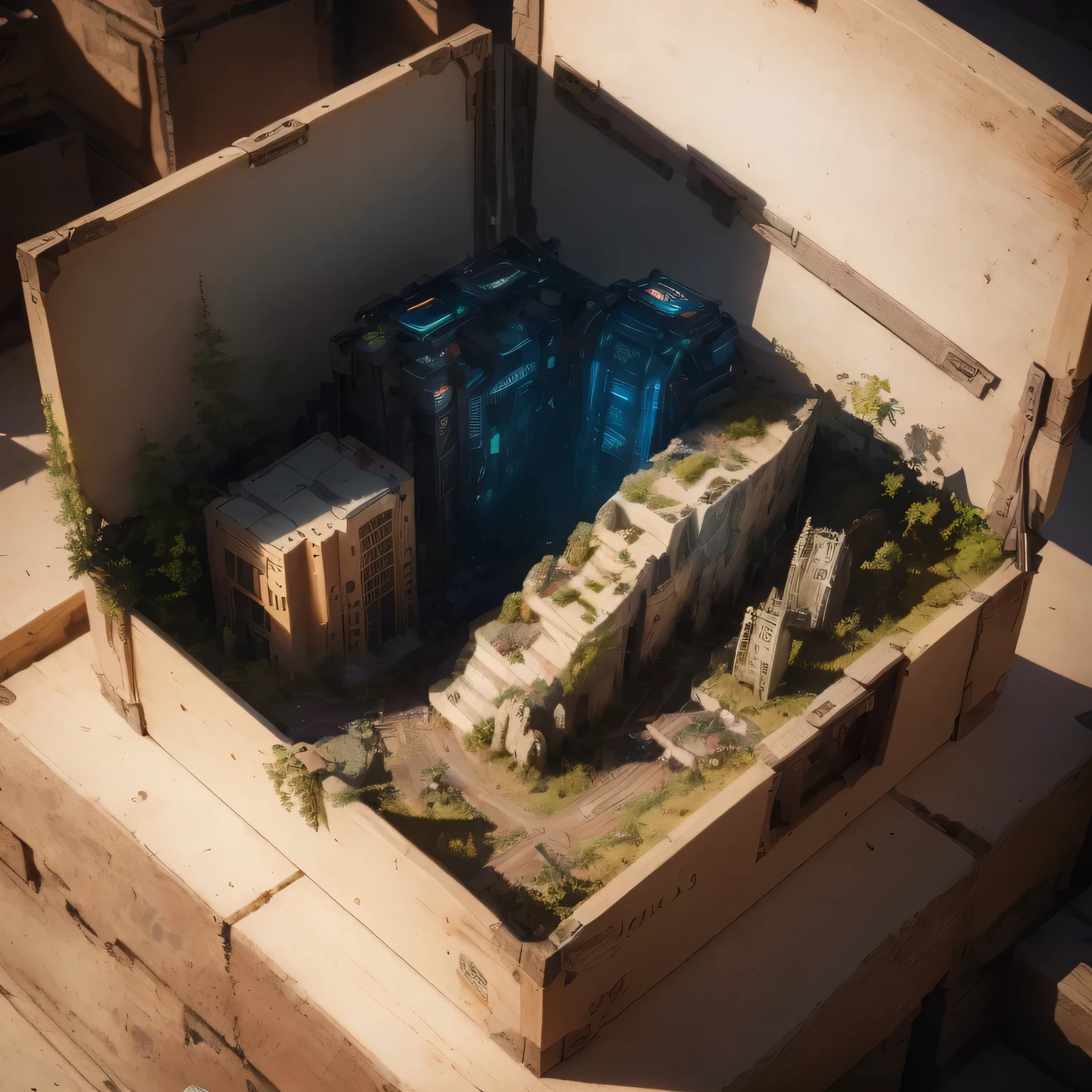 3598年Mars realistic model, (split ends, original photo, best quality, masterpiece:1.4),Steampunk Cyberpunk 6820 City,(CyberpunkMars light:1.3), Mars (related to land),(in a small nature box:1.3),Isometric, small nature, landscape on foundation,landscape,