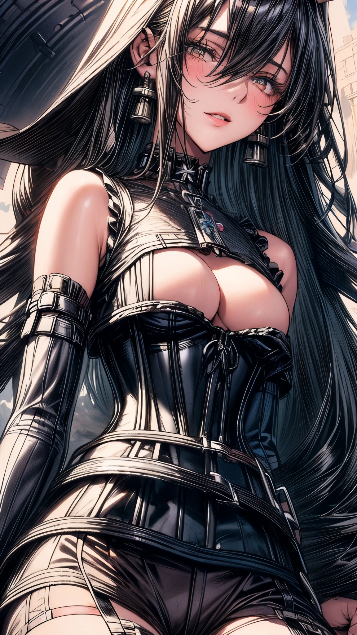 (((masterpiece)))、((highest quality))、(super detailed)、(CG illustration)、(so beautiful ))、cinematic light、(((1 Mechanical Girl)))、 SF、Apocalypse、erotic grotesque、(beautiful and luxurious:1.2)、(1 girl:1.3)、facing the front, (double breasted,under bust:1.2), button gap,(((corset belt))),(((high waist mile
