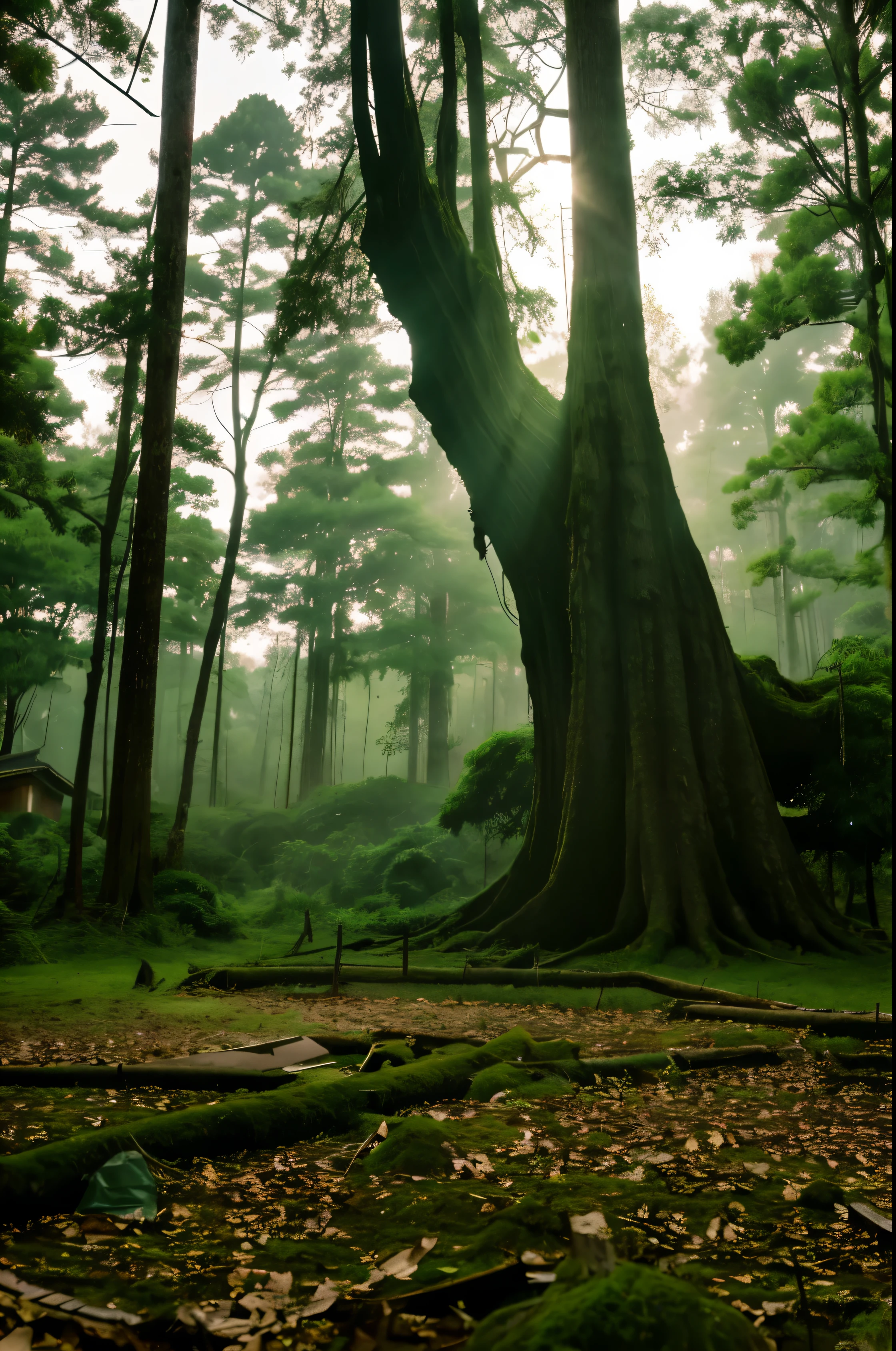 Japanese countryside before the sun sets、dim深いforest、Eerie Tranquility、ruins left behind、forest、realistic、photo quality、High resolution、fallen giant tree、strange atmosphere、landscape、scary picture、dim、high quality、unmanned、background、abandoned place、