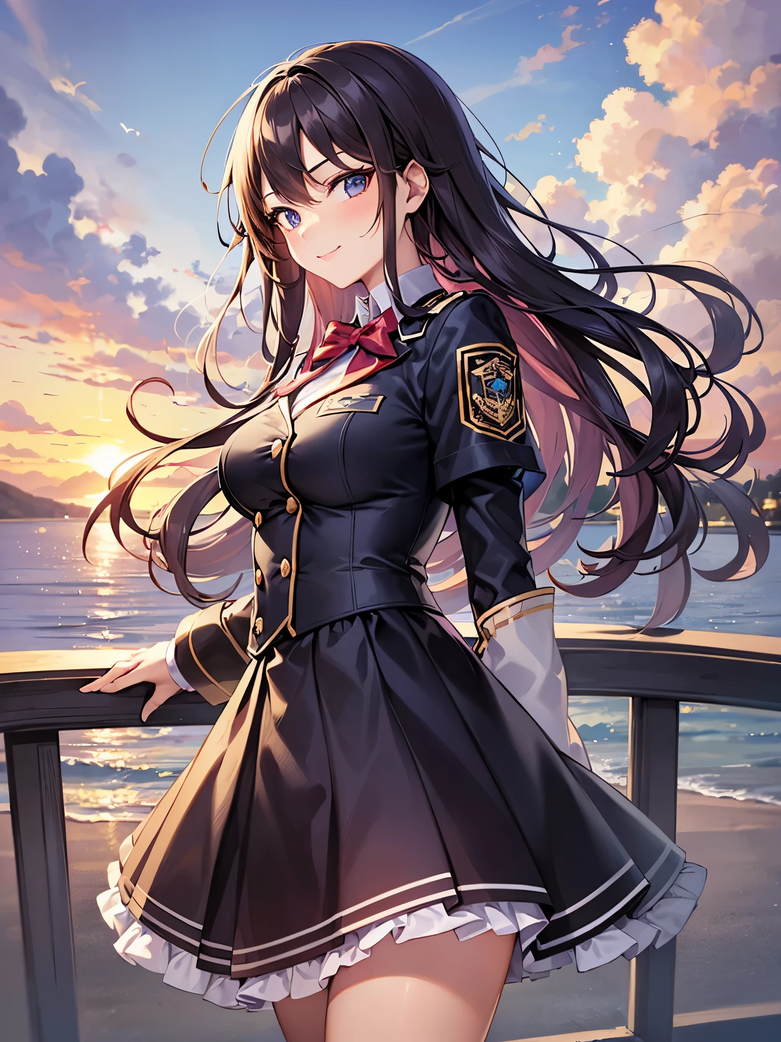 ((highest quality)),(ultra high resolution),(Super detailed),(detailed description),((best CG)),(best work of art),super precision art,amazing drawing art,(Art with precise details:1.5), (one high school girl:1.8),(beautiful and well-shaped face:1.6),(Uniform appearance:1.5),hair swaying in the wind:1.4,(Clear eyes depicted in precise detail:1.4), She's smiling at you with the sunset behind her