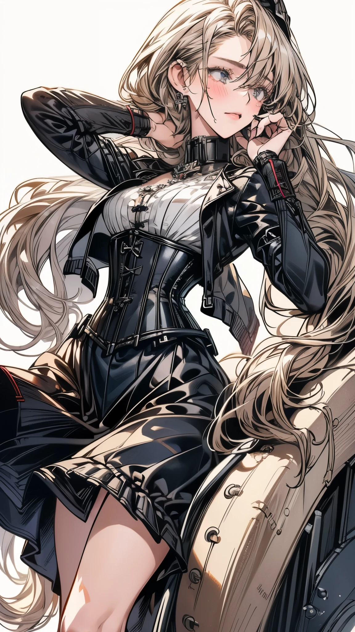 (((masterpiece)))、((highest quality))、(super detailed)、(CG illustration)、(so beautiful ))、cinematic light、(((1 Mechanical Girl)))、 SF、Apocalypse、erotic grotesque、(beautiful and luxurious:1.2)、(1 girl:1.3)、facing the front, (double breasted,under bust:1.2), button gap,(((corset belt))),(((high waist mini skirt,)))Are crying,Sad face