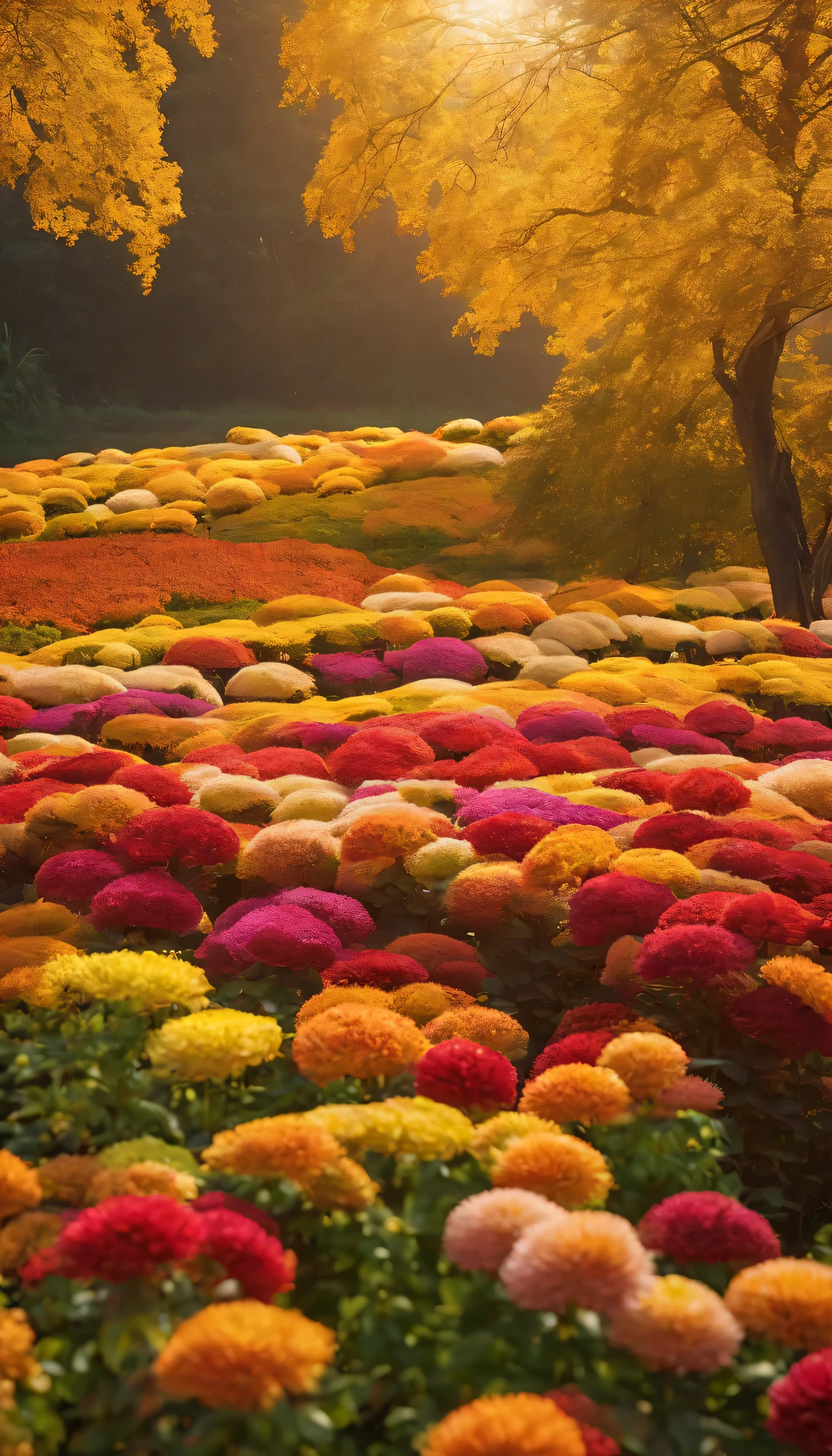 in autumn, The rice seedlings in the rice fields have matured, The fields are golden; The leaves on the trees are constantly changing colors, Gradually turns to deep red, pink, red light, Golden, light yellow, light yellow, tangerine... Showing brilliant and colorful colors. The autumn scenery is as beautiful as a fairy tale and a Dream. Autumn is coming, And the weather is getting cooler day by day. It seems to be telling people that summer is over，Autumn begins. With the arrival of autumn wind, The color of tree leaves constantly changes to adapt to changes in the environment, Gradually turns to yellow and red, Then the leaves fall. The fields are golden, This is a pleasant scene of a good harvest, It gives a feeling "Spring flowers and autumn fruits". in autumn, chrysanthemums are blooming, And all kinds of chrysanthemums are not to be outdone.. They come in different forms，bloom freely. The colors of chrysanthemums are colorful: Some are as white as snow, Some are as black and purple as ink jade, Some are as golden as gold... They are elegant and pleasing to the eye. Enjoy the summer sunshine and rain. in autumn, The rice is ripe, And the golden smile is dedicated to the farmers who take care of them! Northern wilderness in early autumn, Boundless golden waves roll everywhere, and refreshing rice aroma, Beans and beans are flowing.  Unreal Engine, 4k，HD--ar 9:16 --q 3 --uplight --uplight - @Dream (Rapidly)