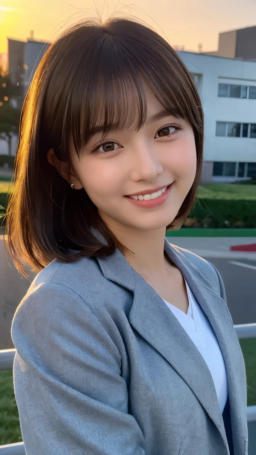 (highest quality,8K quality,masterpiece:1.3),(ultra high resolution,realism:1.4,original photo),(Super detailed,caustics,detailed background),(ultra-realistic capture,Fine and beautiful skin,perfect anatomy),at sunset,sunset sky,school building,school playground,18-year-old,cute,single eyelid,brunette short bob,school blazer,looking at camera,laughter,upper body shot,natural soft light