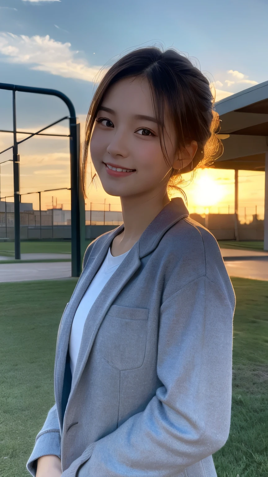 (highest quality,8K quality,masterpiece:1.3),(ultra high resolution,realism:1.4,original photo),(Super detailed,caustics,detailed background),(ultra-realistic capture,Fine and beautiful skin,perfect anatomy),at sunset,sunset sky,school building,school playground,18-year-old,cute,single eyelid,brunette short bob,school blazer,looking at camera,laughter,upper body shot,natural soft light