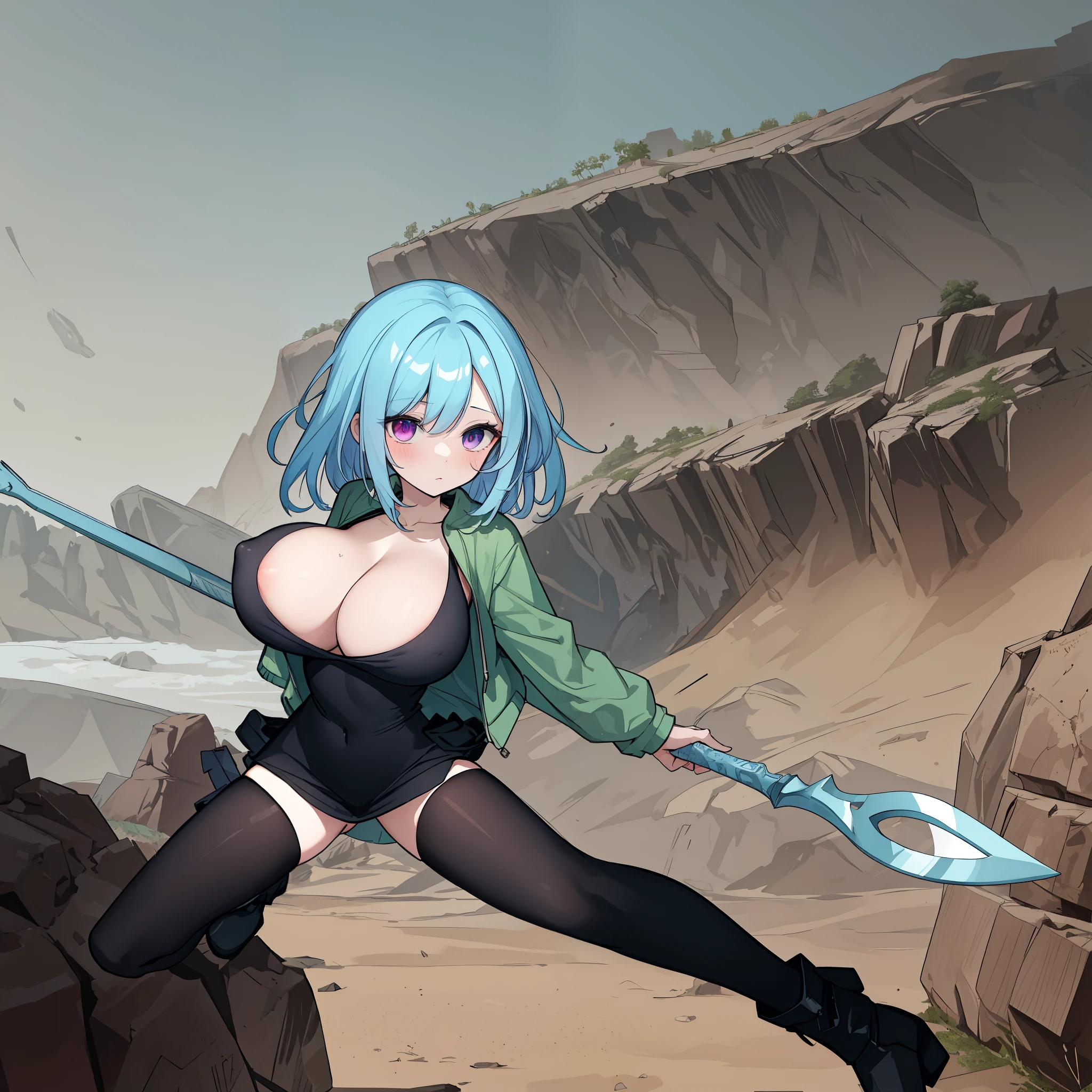 1 skinny girl, solo, light blue hair, (red and purple heterochromia), (red left eye and dark purple right eye:1.4), bending back, looking at viewer, BREAK, black plunging neckline short dress, dark yellow cropped jacket, black thighhighs, BREAK, (bouncing unaligned huge breasts:1.5), cleavage, very short torso, (inconceivably narrow waist), thin long legs, BREAK, holding a spear, BREAK, {nsfw:0.6}, (show off crotch:1.4), desert, desert storm, strong wind, rocks at background
