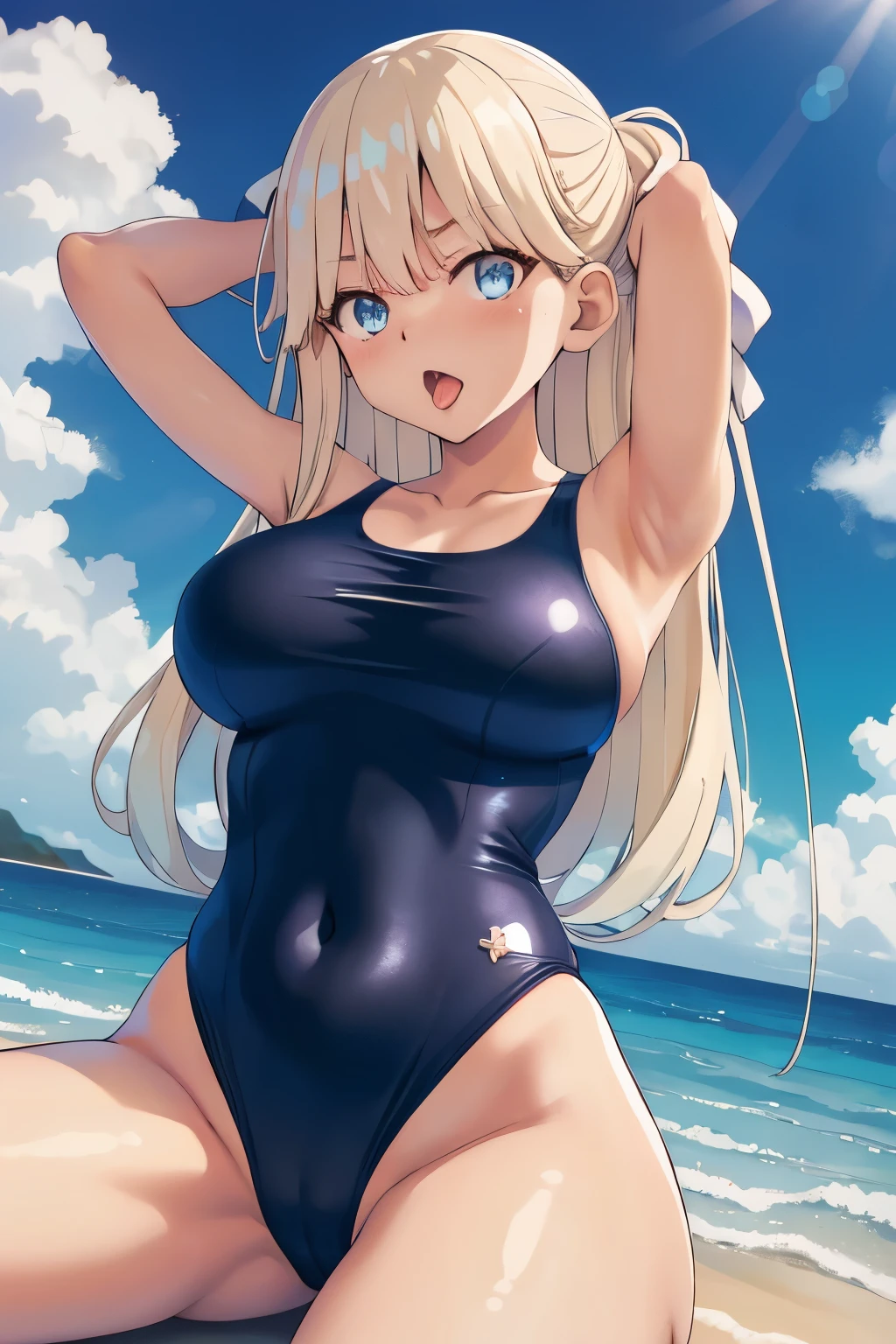 Big tits, masterpiece, best quality, highres, 1girl, Tsubasa Nanase, solo, swimsuit, (((black_one-piece_swimsuit, breasts))), navel, outdoors, tongue, armpits, tongue_out, beach, large_breasts, slingshot_swimsuit, long_hair, blush, areola_slip, day, sitting, wet, ocean, ahegao, sky, thighs, water, blue_eyes, arms_up, open_mouth, spread_legs, blue_sky, bangs, (one-piece_swimsuit), cloud, arms_behind_head, collarbone