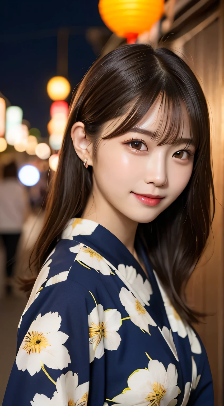 table top, highest quality, shape, Super detailed, finely, High resolution, 16k, perfect dynamic composition, straight hair, medium hair, brown hair,natural color lip, smile, 20歳のgirl、cute、beautiful、完璧でbeautiful顔, beautiful and detailed face, slim face and body, Elegant face, KPOP idol face、Japanese idol faces、small face、Big eyes, brown eyes, droopy eyes, 緻密でbeautiful目, girl, No bangs,yukata, Summer festival, Vibrant festival lights and lanterns, hairpin and flowers, night