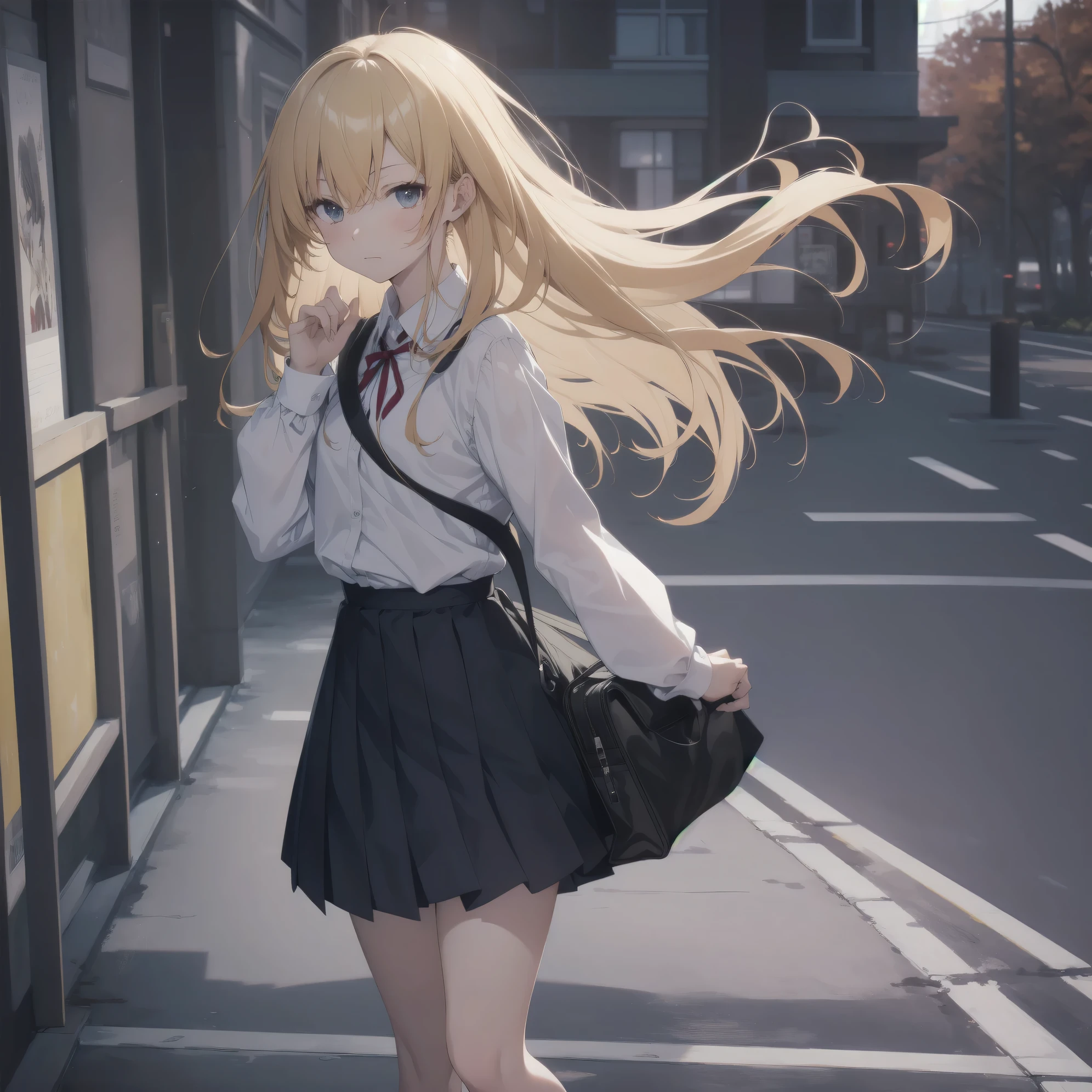 Super absurd quality by the god of art, super detailed, High resolution, anime moe art style, Best Anime 8K Kona-chan Wallpaper, pixiv contest winner, perfect anatomy, break,(眠そうにalone学校へ行く女の子を描いてください. )break,1 girl, (alone,little woman, baby face, 13 years old:1.3),All limbs, full finger,, The charm of an immature body, (very short hair), bangs, flat chest, Small Bodysuits, small ass, between legs, small black eyes, detailed and beautiful eyes, Well-proportioned iris and pupils, expressive eyes, sleepy eyes, High resolutionの詳細な髪, hair grip, neck ribbon, skirt, collared shirt, pleated skirt, school uniform, school bag,(detailed lighting), (detailed background), On the way to school. break,super dense skin, Best movie lighting by famous artists, 8k,cute illustration,photoshop_(Moderate),Absurd Hi-Res,Hmm,rough skin