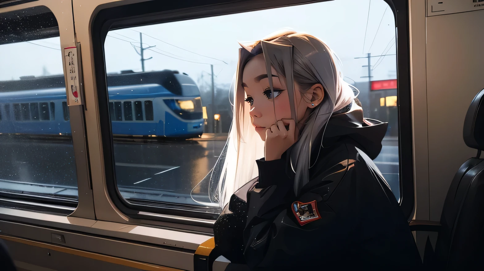 train, Sit by the window, take a pensive posture, Dark interior, My head got stuck in the glass, Scenery passing by at high speed, night trip, rainy night sky, Beautiful girl, UHD Portraits, (high quality) (ultra detail) Observation of a viewer wearing hip-hop style street clothes; different, fancy, long colored silver hair 🌈