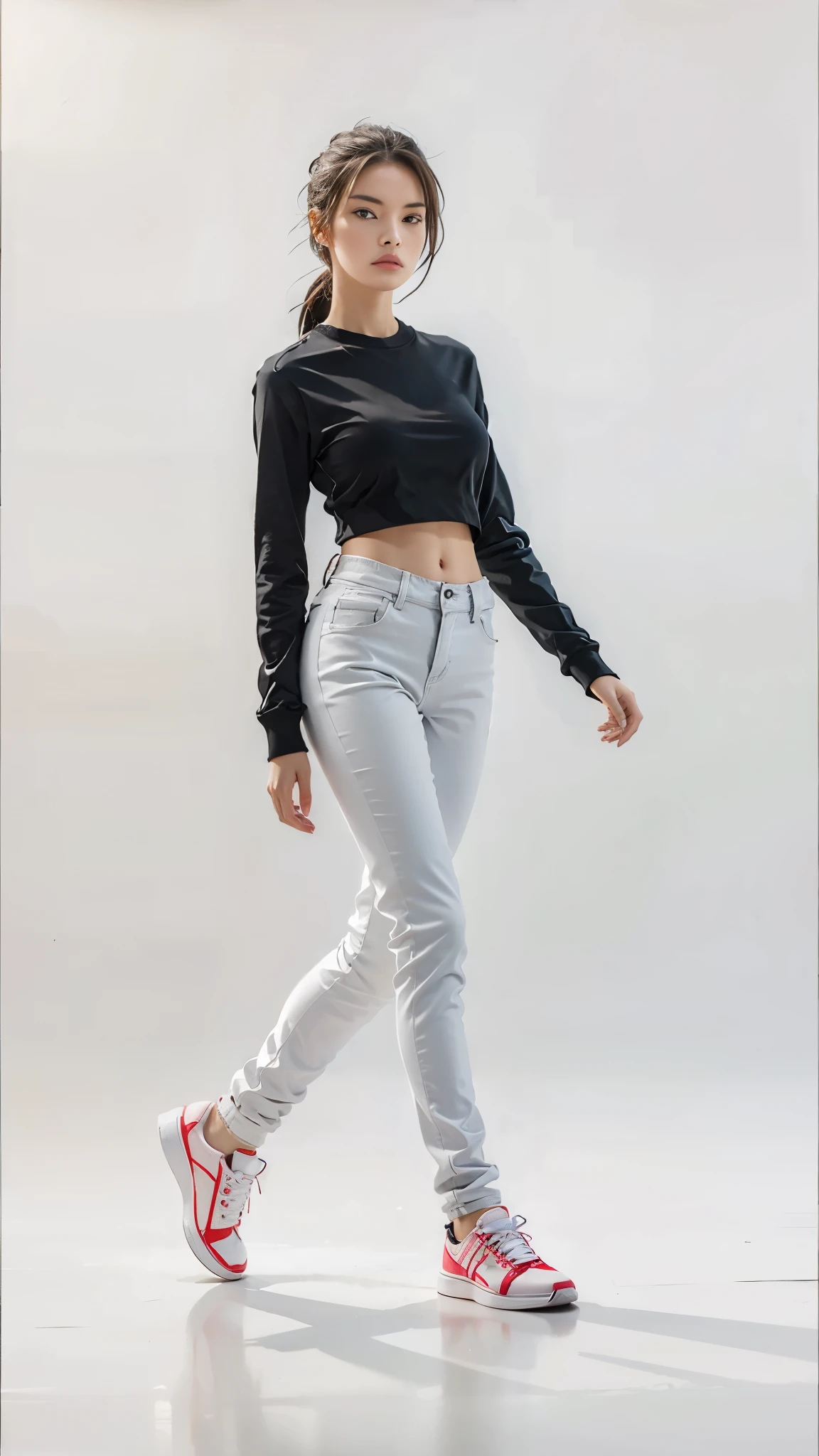 16K, Masterpiece, photorealism, A girl walks to her full height, a girl with dark long hair, a girl dressed in a white top, light jeans, white sneakers, white background,