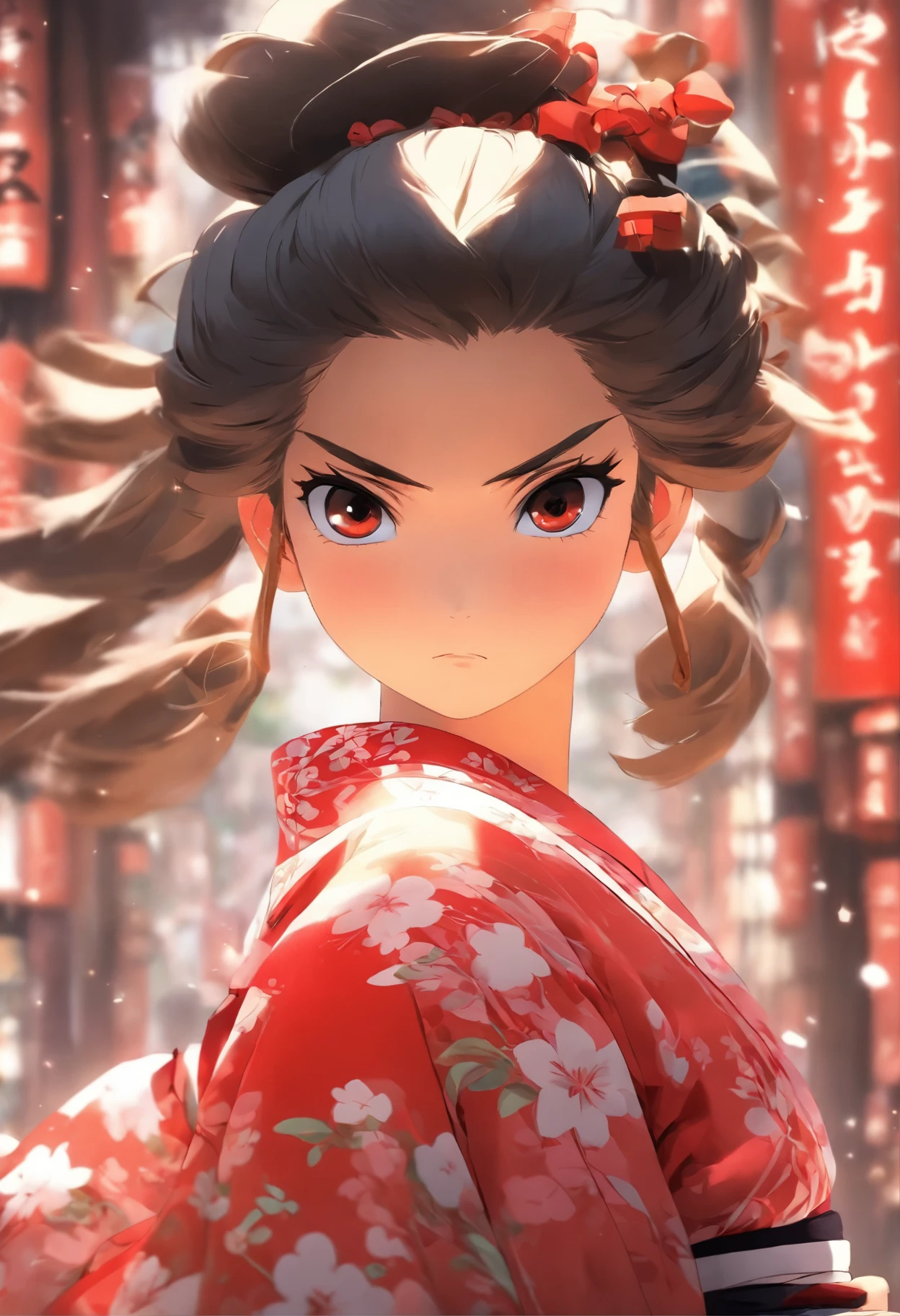 1japanese girl,5yearsold,whole body Focus,cute face,man's thick eyebrows,black long hair with twin tails,white kimono,red hakama,black eyes