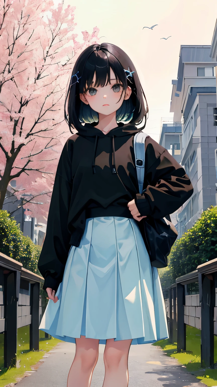 (short cute girl,small young student,young delicate girl),(masterpiece,Top quality),Pastel hoodies,skirt,long black hair, sea of trees