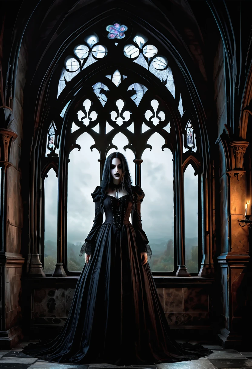 (gothic aesthetic:1.8)，月studio lighting,ultra-fine painting,sharp focus,physically-based rendering,extreme detail description,professional,vivid colors,bokeh,gothic aesthetic,medieval castles,girl,ghosts,darkness,(dramatic lighting,fog,mist,haunted,spooky atmosphere,fantasy,mystery,horror:1.1),gothic architecture,dark stone walls,stained glass windows,moonlight,medieval decor,ancient tapestries,ornate furniture,dust particles,cobwebs,ambient lighting,gothic dressing,long flowing hair,gracefulness,serenity,ethereal essence,sinuous movements,flowing cloth,revealing clothing,glowing eyes,mysterious,haunting,unsettling,gothic horror,haunting beauty,ghostly apparitions,whispers in the wind,disturbing presence,eerie silence,palpable tension,shadow play,dark corners,hidden secrets,doors to another dimension,Gothic revival architecture,Pointed arches,Ribbed vaults,Flying buttresses,Gothic spires,Stained glass windows,Rose wi，anatomically correct，（lifelike，masterpiece，best quality，ultra high definition，Very detailed，illumination）