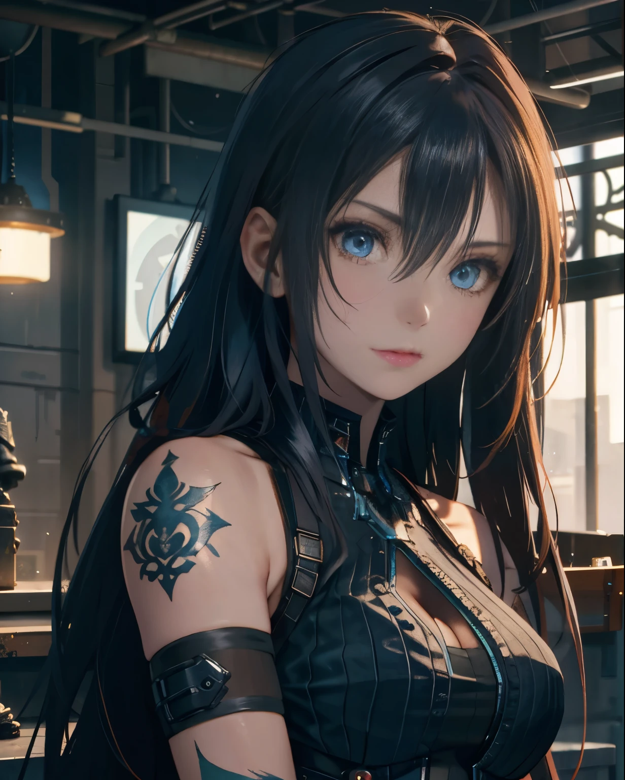 Detailed photo of futuristic beautiful female warrior in dystopian city, Tattered outfit with rusty metal armor plates, long wild hair, Tattoos on the arms and body, Fashion poses, Blue eyes with round iris, Detailed face, apocalyptic environment, Natural Body Poses, Professional Photographer, Shooting with a professional SLR camera, Professional fantasy artist, Professional Rococo and Baroque background artist, Professional Art Station Artist