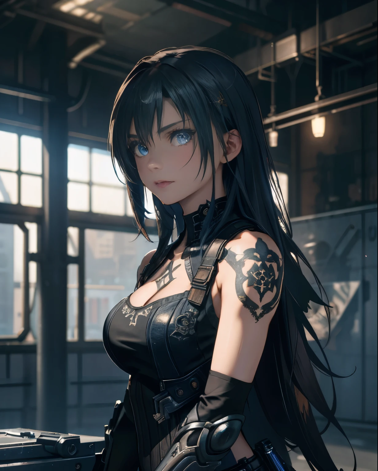 Detailed photo of futuristic beautiful female warrior in dystopian city, Tattered outfit with rusty metal armor plates, long wild hair, Tattoos on the arms and body, Fashion poses, Blue eyes with round iris, Detailed face, apocalyptic environment, Natural Body Poses, Professional Photographer, Shooting with a professional SLR camera, Professional fantasy artist, Professional Rococo and Baroque background artist, Professional Art Station Artist