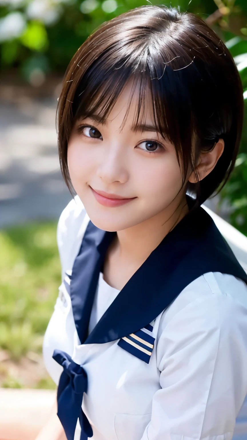 (highest quality,masterpiece:1.3,ultra high resolution),(Super detailed,caustics,16k),(realistic:1.4,RAW shooting),ultra-realistic capture,close up of human skin,natural skin texture,Pores are fine and easy to see,healthy skin and even tone,Use natural light and color,18-year-old,Japanese,cute,black short hair,Looking at camera with a smile,(sailor suit),sit,big breasts,Photographed from the waist up,(face focus:1.3),(close up of face:1.3),(low position:1.3),(Low - Angle:1.4),sun,Lens flare,blue sky,