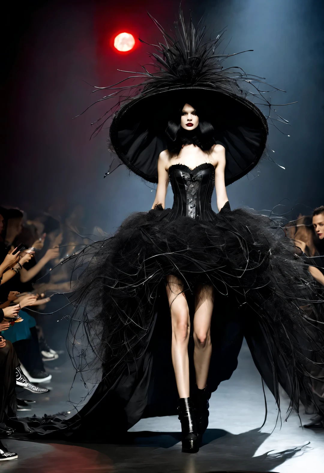 Gothic style red fashion show,darkness is always there,Beauty and warmth come from darkness,Gorgeous model,waste plastic,Waste wires and wires,Oversized old straw hat,gear,Decadence scent,。Alexander mcqueen is called the God of Goth, mcqueen's’ designs always have a strong flavor of gothic asceticism、this、Religion and decadence give you a heavy visual blow,Make people want to get closer.Gothic style can also be seen as a barbaric growth,Born towards the sun!Appearance reflects the ideology of the era. Makeup skips the flashy show,Go straight to the heart.,through the clothes in front of me,There are countless invisible fashions.,