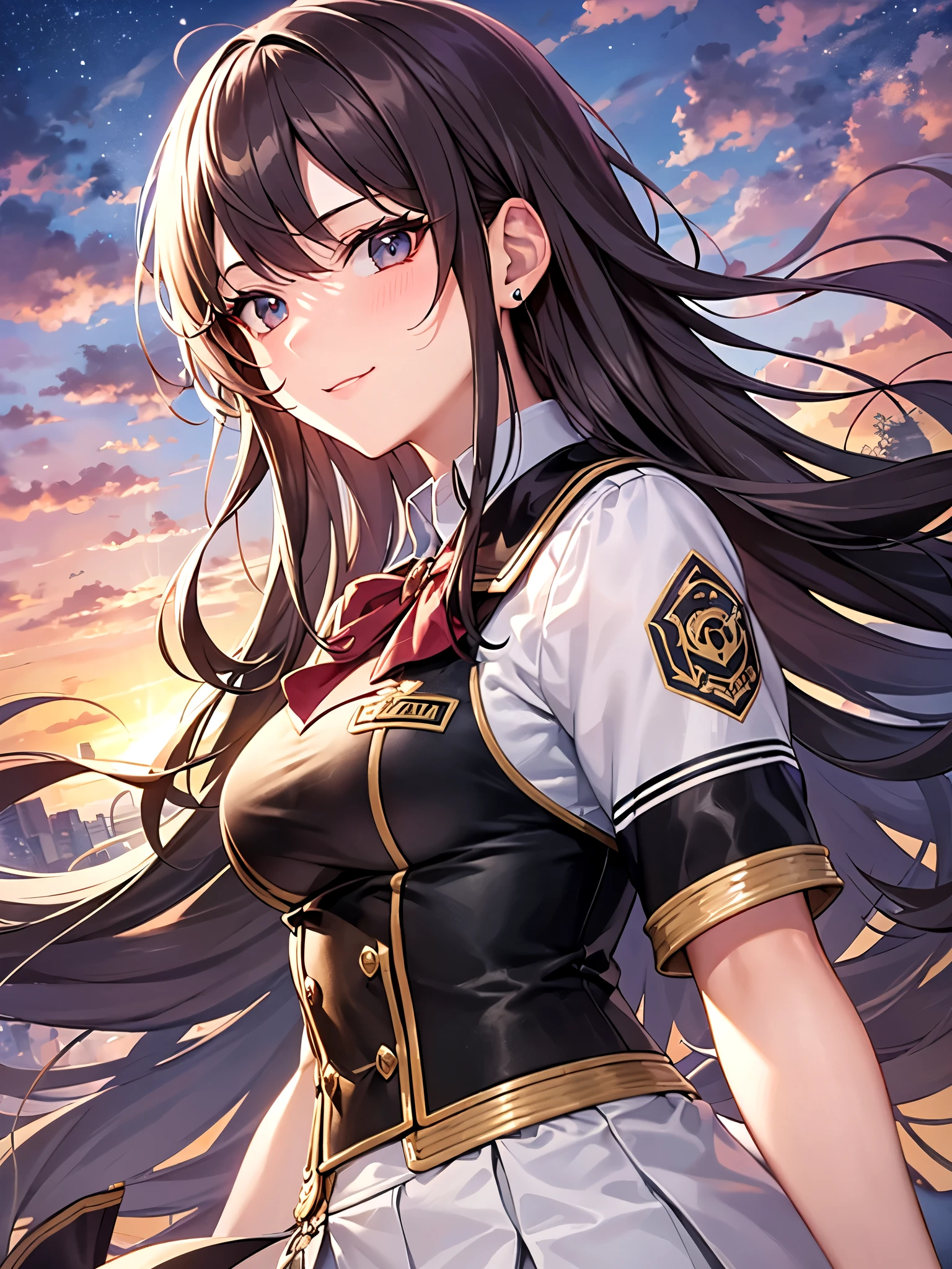 ((highest quality)),(ultra high resolution),(Super detailed),(detailed description),((best CG)),(best work of art),super precision art,amazing drawing art,(Art with precise details:1.5), (one high school girl:1.8),(beautiful and well-shaped face:1.6),(Uniform appearance:1.5),I hold my hair swaying in the wind with my hand:1.4,(Clear eyes depicted in precise detail:1.4), She's smiling at you with the sunset behind her