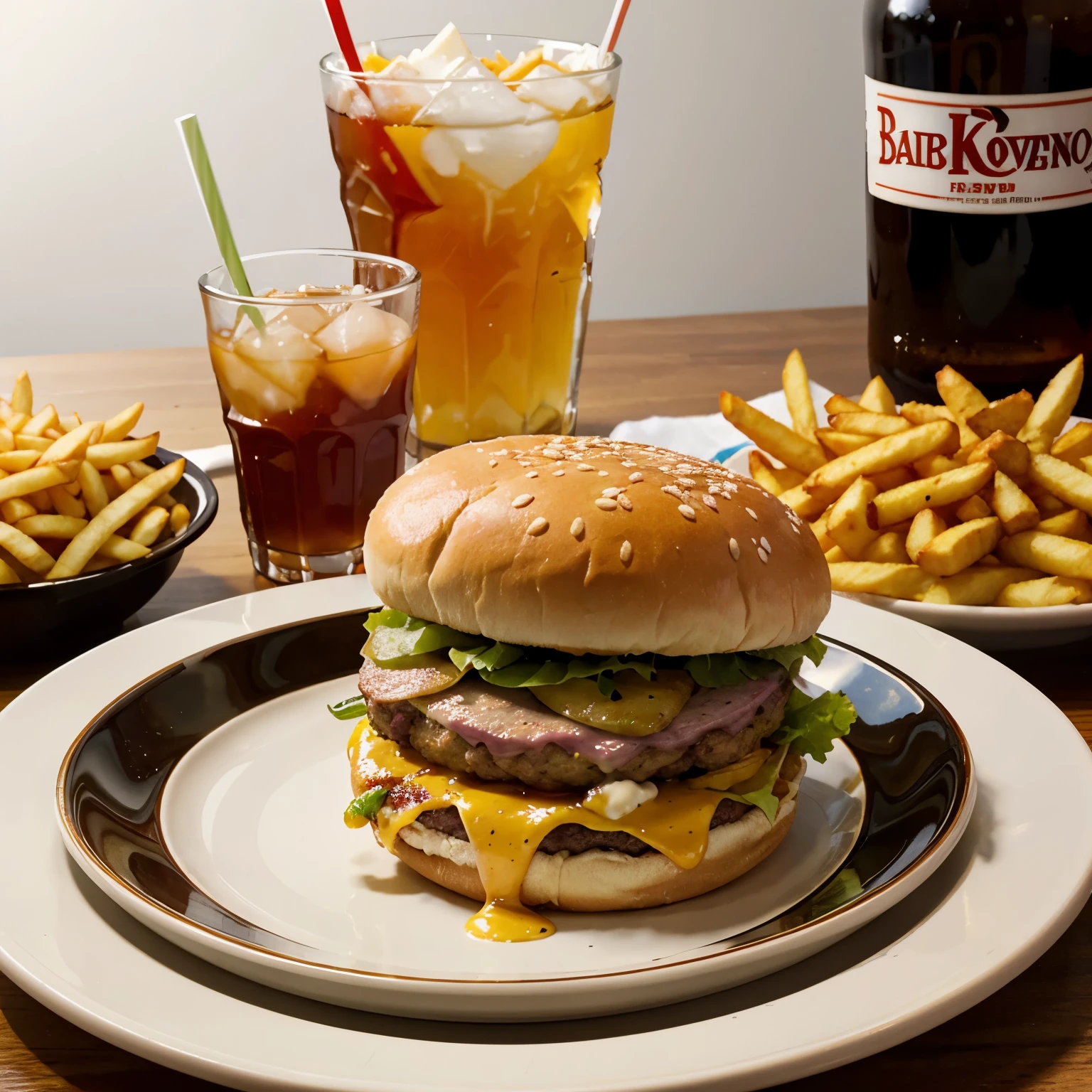 Burger in a plate, french fries, a glass of drinks