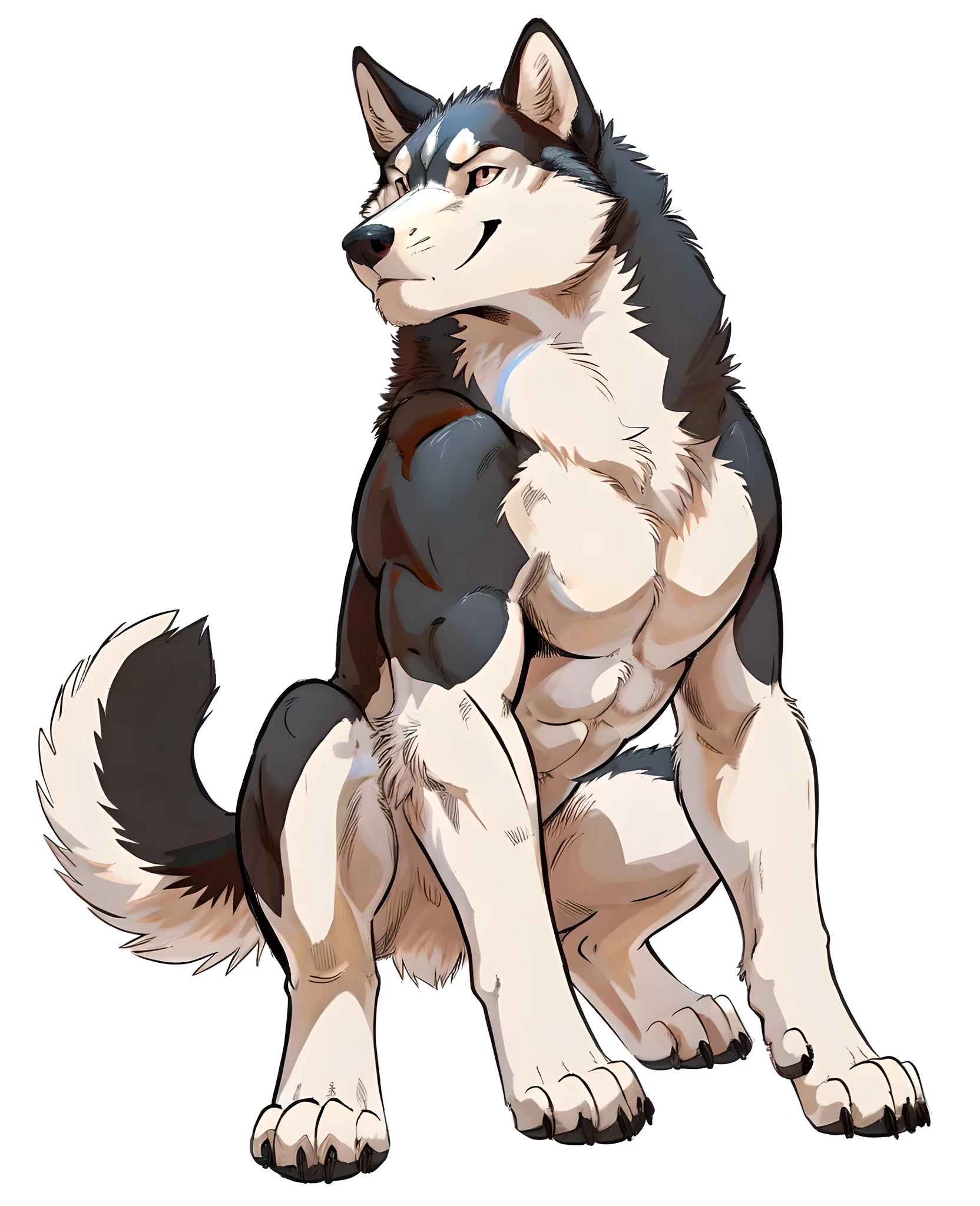 husky, masculine, male, feral husky, quadruped, feral, very muscular:1.0, pectorals:1.2, abs, wide chest, muscular chest, by negger, white background, full body, posing