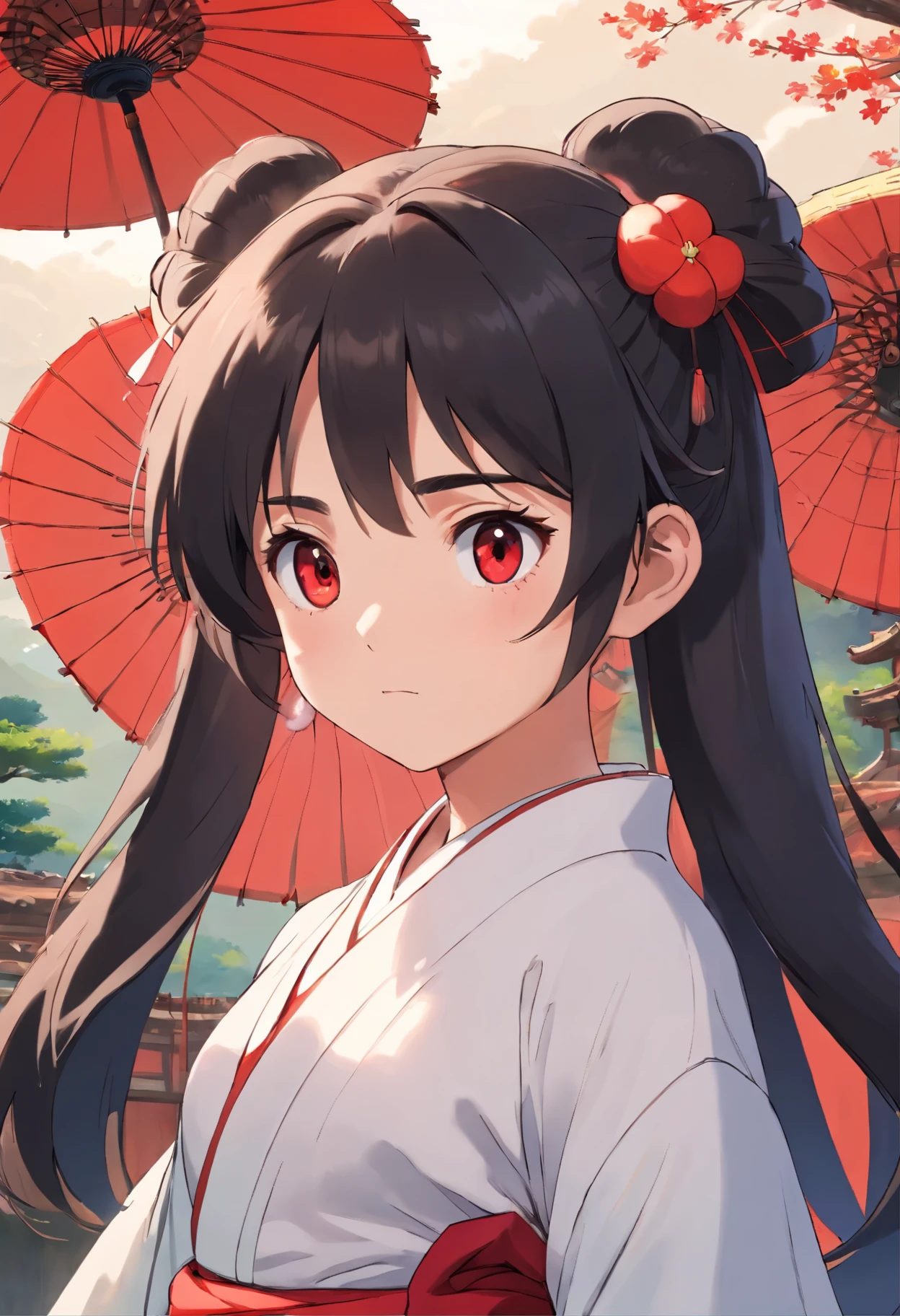1japanese　girl,5yearsold,whole body　Focus,cute face,man's thick eyebrows,black long hair with twin tails,white kimono,red hakama,black eyes