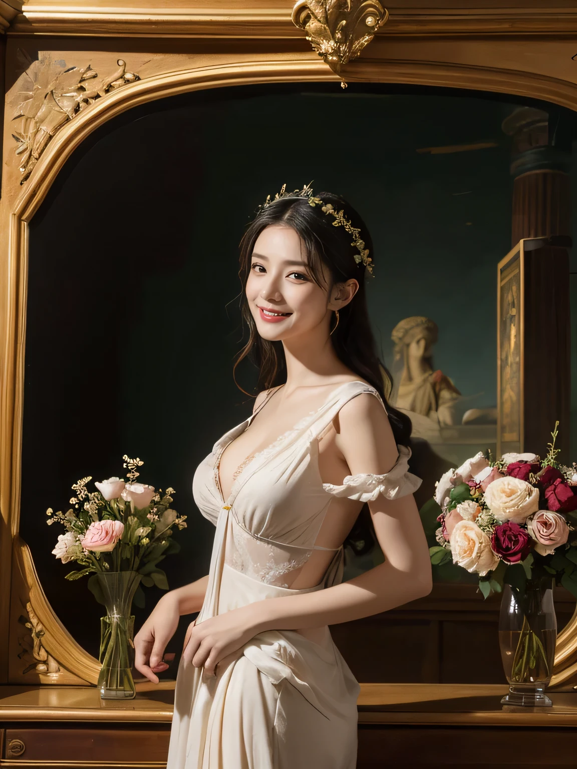 Jacques-Louis David painting style,Arguments of two female Philosophe,math、astronomical machine、astronaut、roses in vase、fruits、Cute trinkets、smile、ancient greek costume、Background is a forest lake at night 、Clothes that stretch your shoulders、A big smile、beautiful bare skin、A detailed representation of the seducing woman throughout her body.