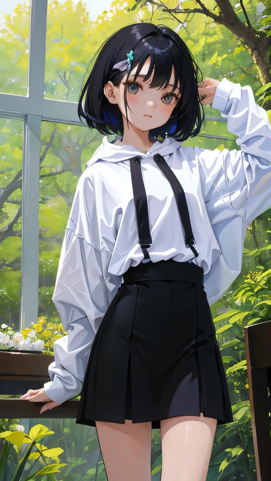 (short cute girl, young studeg delicate girl),(masterpiece,Top quality),Pastel hoodies,skirt,long black hair, sea of trees