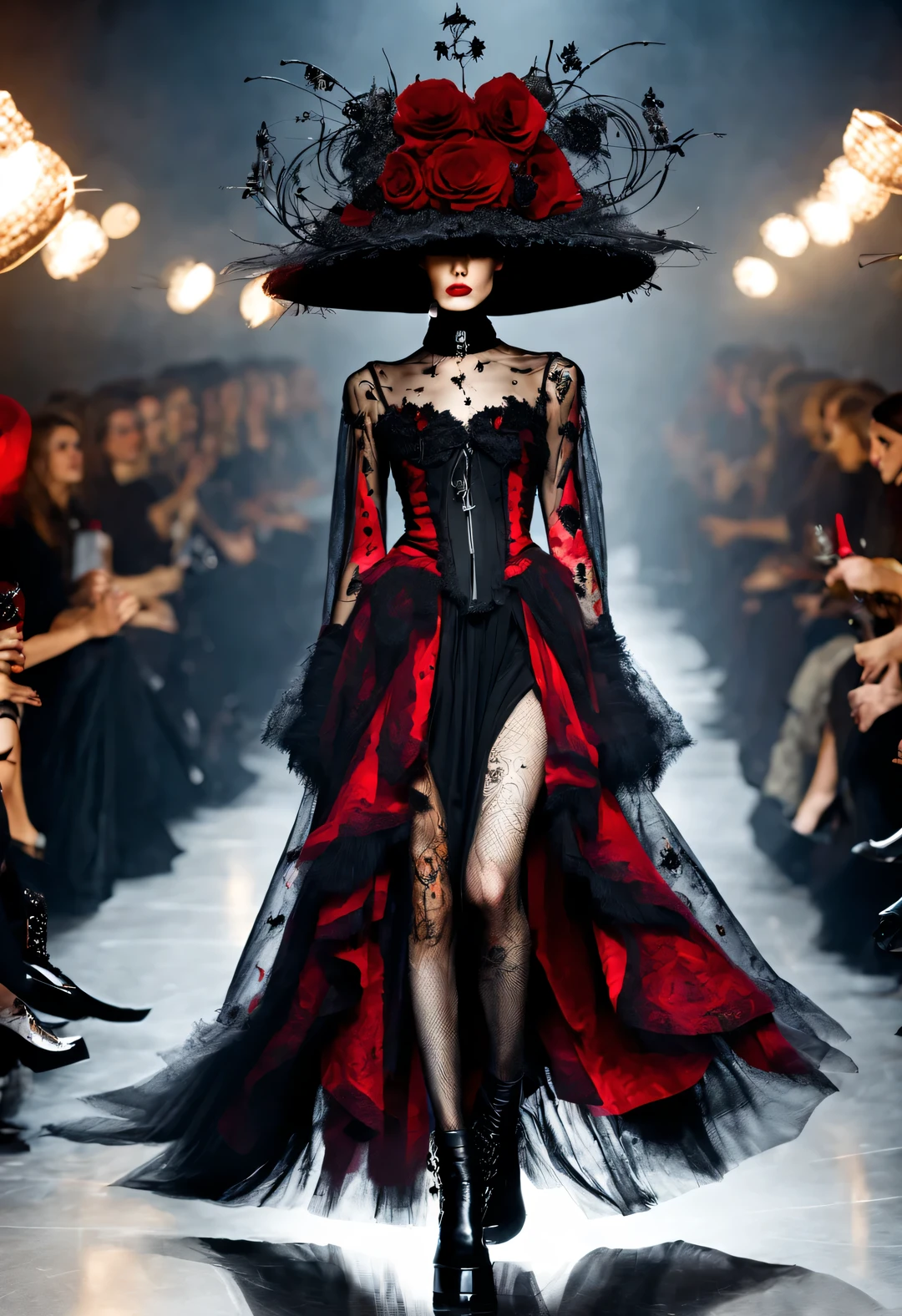 Gothic aesthetic fashion，Gothic clothing was heavily influenced by architecture， Their clothing is mostly characterized by vertical lines and folds..， Make the wearer look slim， And increase the height of the  by raising the hat， Gives people a light and upward feeling。Make the wearer look slim，And increase the height of the  by raising the hat，Gives people a light and upward feeling。red dress with lots of lace、Roses symbolize romance，grave、vampire、witch，