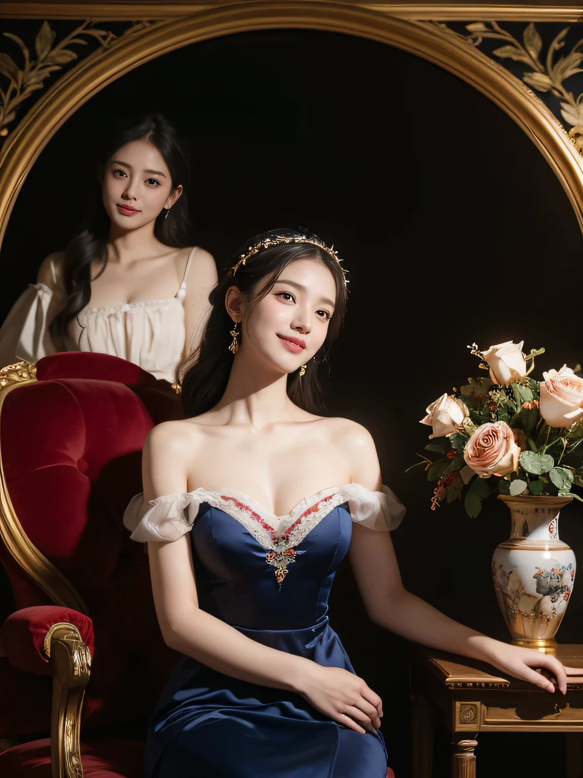 jack=Louis David's painting style,Discussion between two female philosophers,math、astronomical machine、astronaut、roses in vase、fruit、Cute trinkets、smile、ancient greek costume、The background is a forest lake at night 、Clothes that stretch your shoulders、A big smile、beautiful bare skin、A detailed representation of the seducing woman throughout her body..