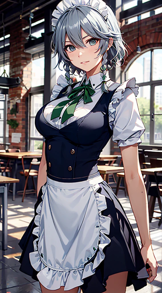 (Unity 16K Wallpaper, masutepiece, Best Quality, Ultra-detailed, extremely details CG, Cinematic lighting, Detailed, Beautiful detailed eyes, Solo), (((Sakuya Izayoi))),  maid, apon, greyt hair, medium  breasts, knife