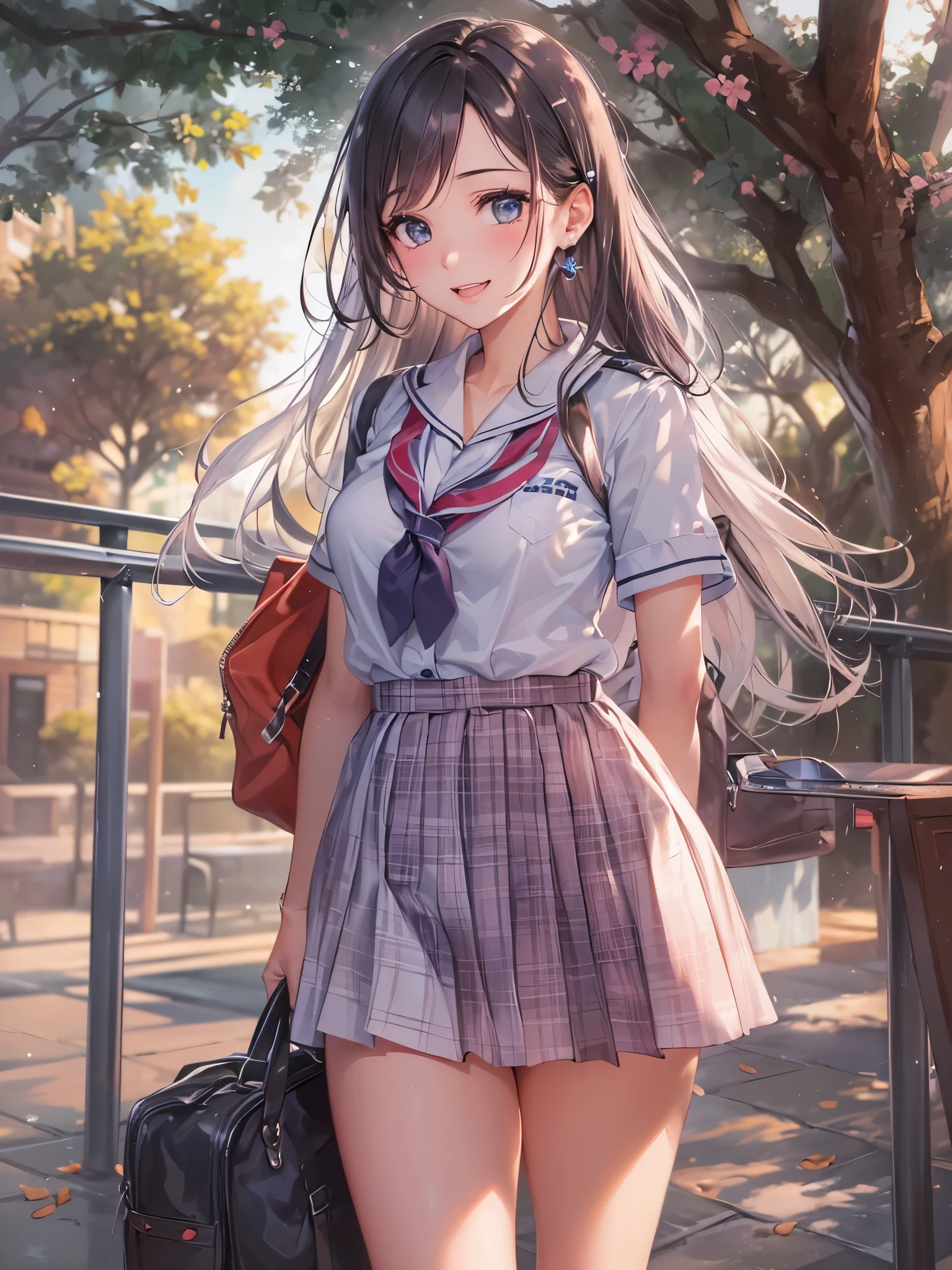 sitonai, 1girl, school uniform, straped bloose, whire bloose, outdoors, navel, miniskirt, school yard, red eyes, --auto --s2