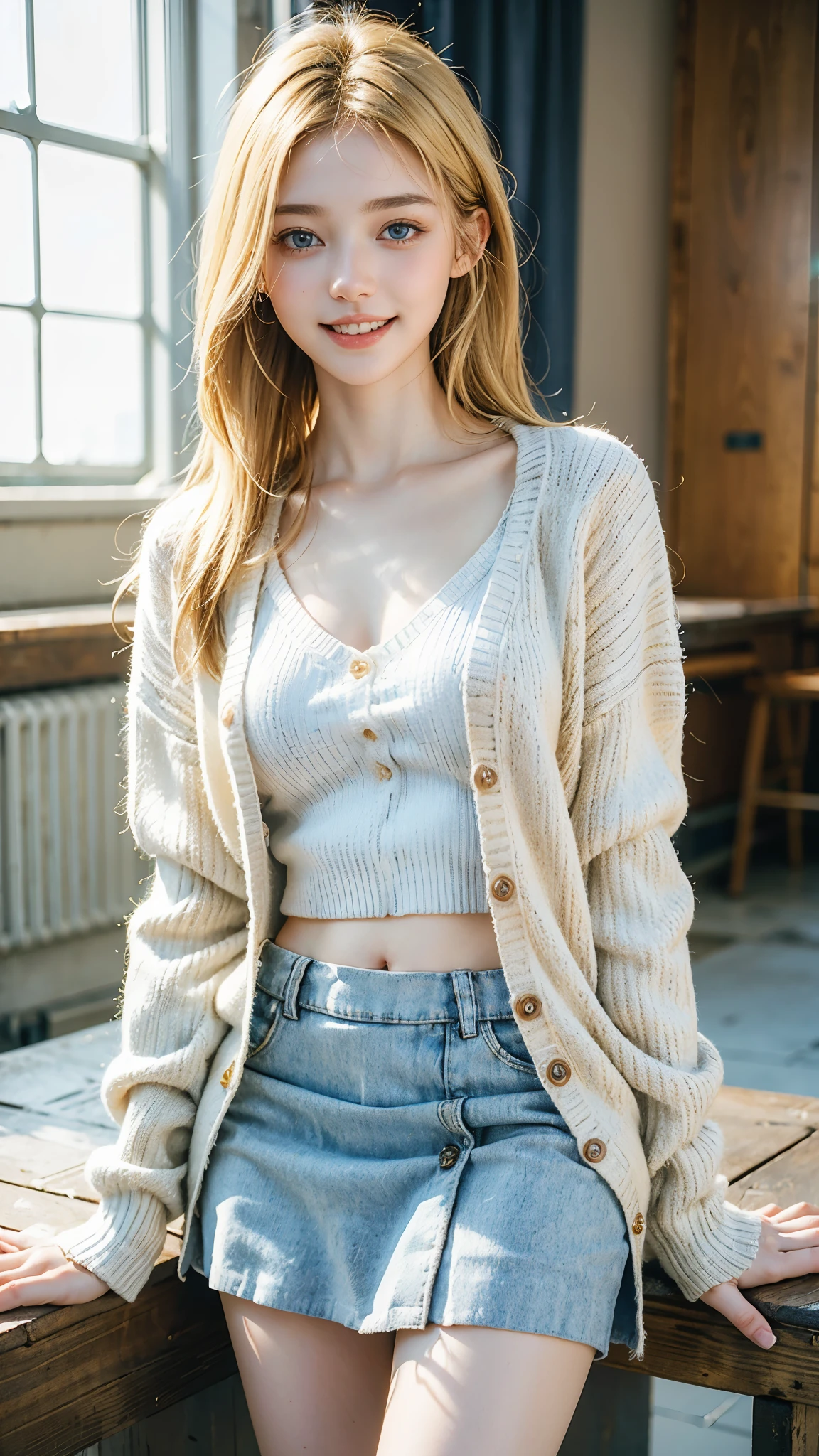 highest quality, masterpiece, ultra high resolution, (realistic:1.4), (front portrait) RAW photo, 1 girl, 18-year-old,Whitening,blue eyes,random european landscape,((white knit cardigan)),((Miniskirt School Uniform)),((Blonde Belly Shorthair)),realistic,((random city background)), Pi,((toothy smile)),