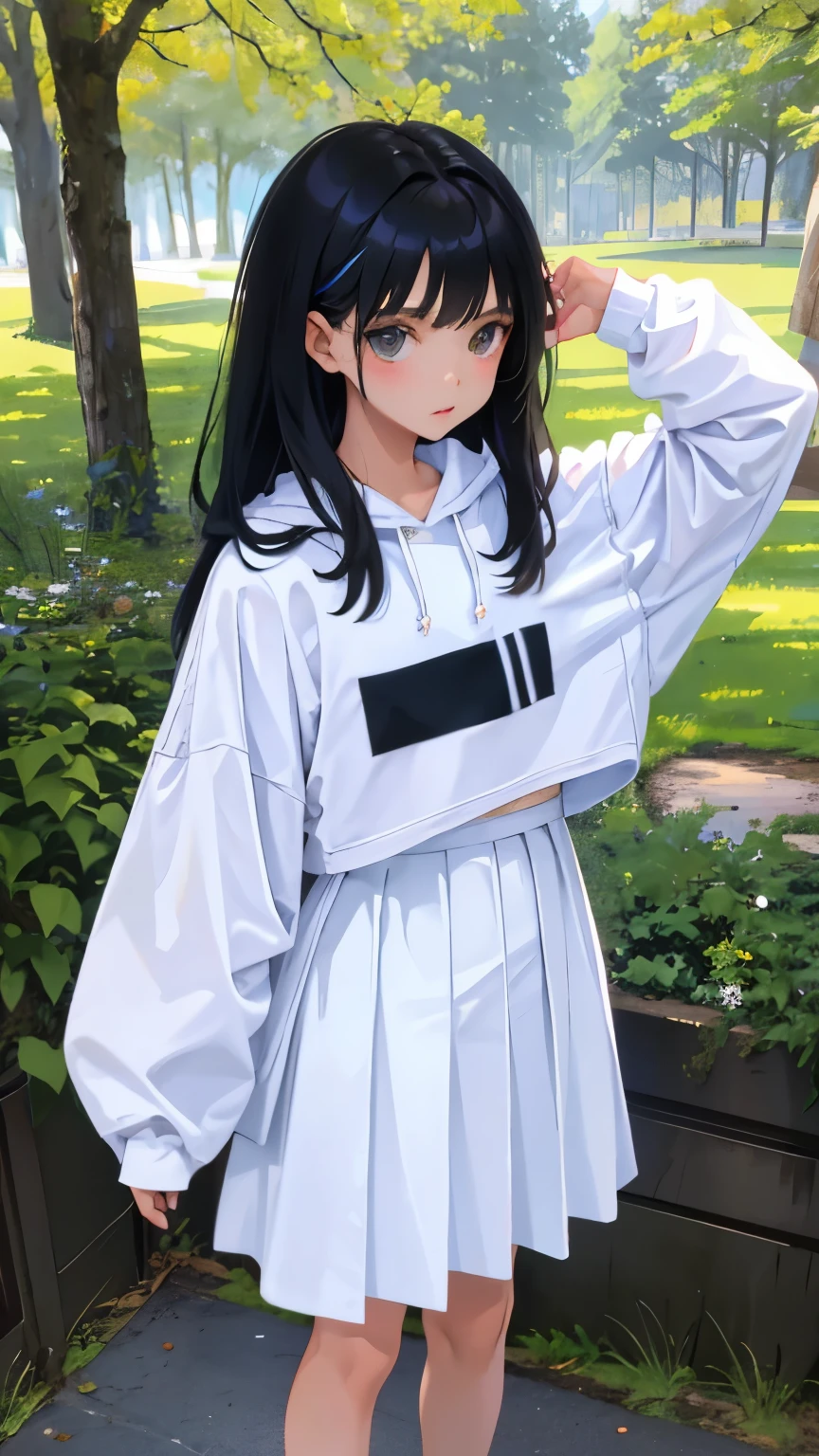 (short cute girl，small young student，young delicate girl）,（masterpiece，Top quality)，Pastel hoodies，skirt，long black hair, sea of trees