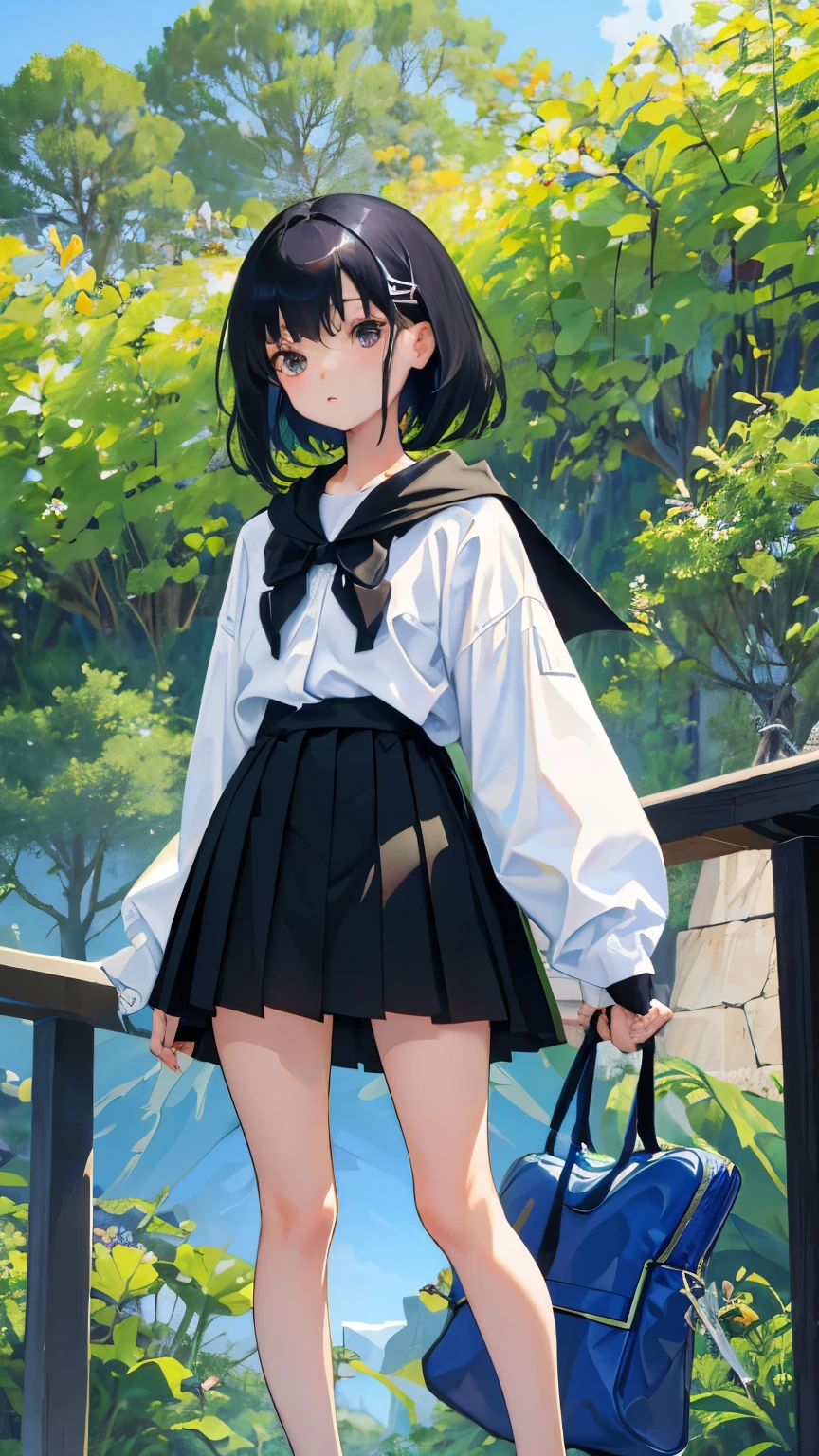 (short cute girl， young studeg delicate girl）,（masterpiece，Top quality)，Pastel hoodies，skirt，long black hair, sea of trees