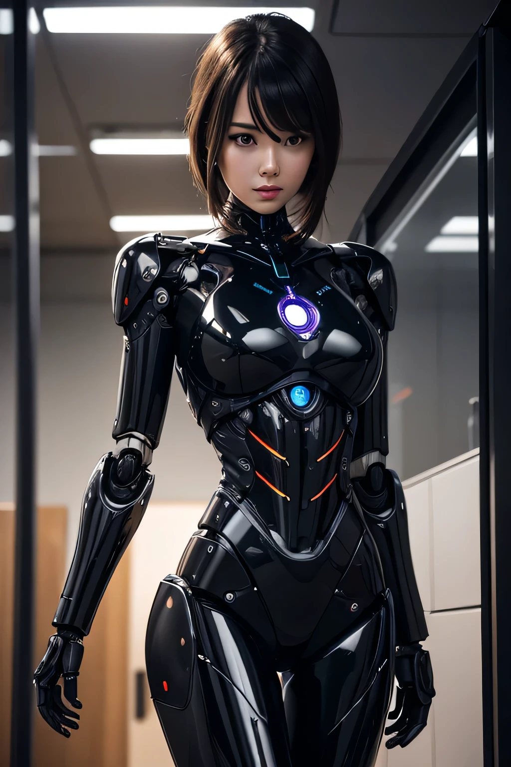 Female robot with black metal body　Machine body　late night office