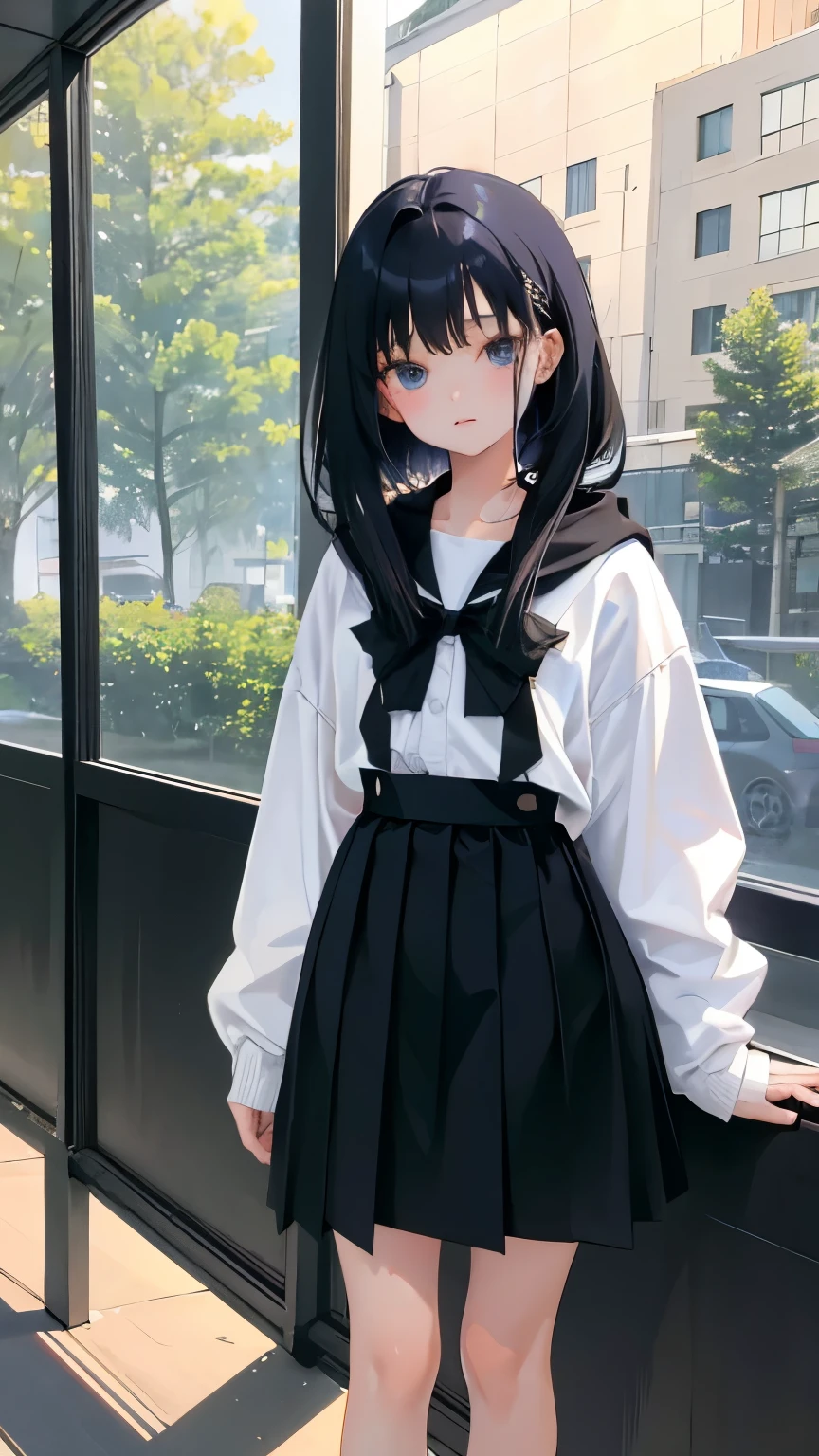 (short cute girl，small young student，young delicate girl）,（masterpiece，Top quality)，Pastel hoodies，skirt，long black hair, sea of trees
