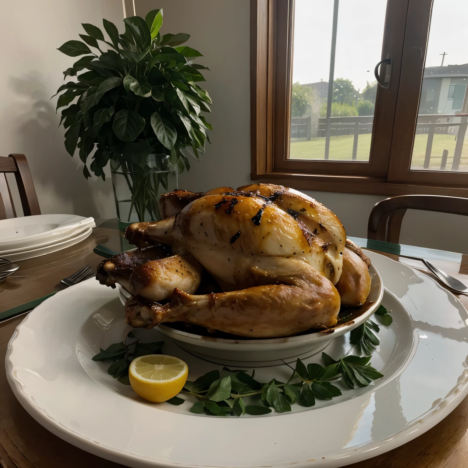 Full Chicken roasted in a plate, some distance image , glass table