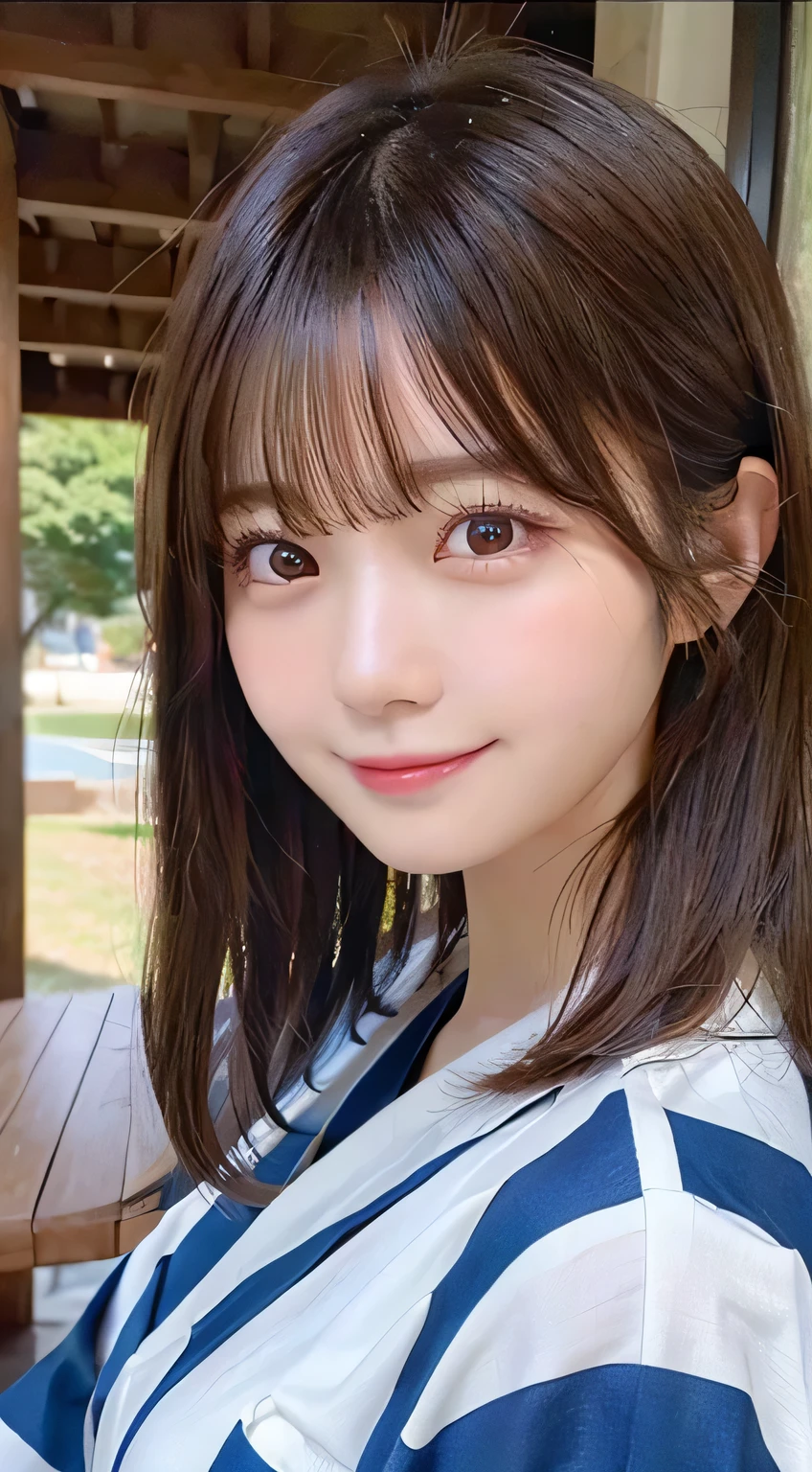 table top, highest quality, shape, Super detailed, finely, High resolution, 16k, perfect dynamic composition, straight hair, medium hair, brown hair,natural color lip, smile, 20歳のgirl、cute、beautiful、完璧でbeautiful顔, beautiful and detailed face, slim face and body, Elegant face, KPOP idol face、Japanese idol faces、small face、Big eyes, brown eyes, droopy eyes, 緻密でbeautiful目, girl, No bangs, near the river、yukata、