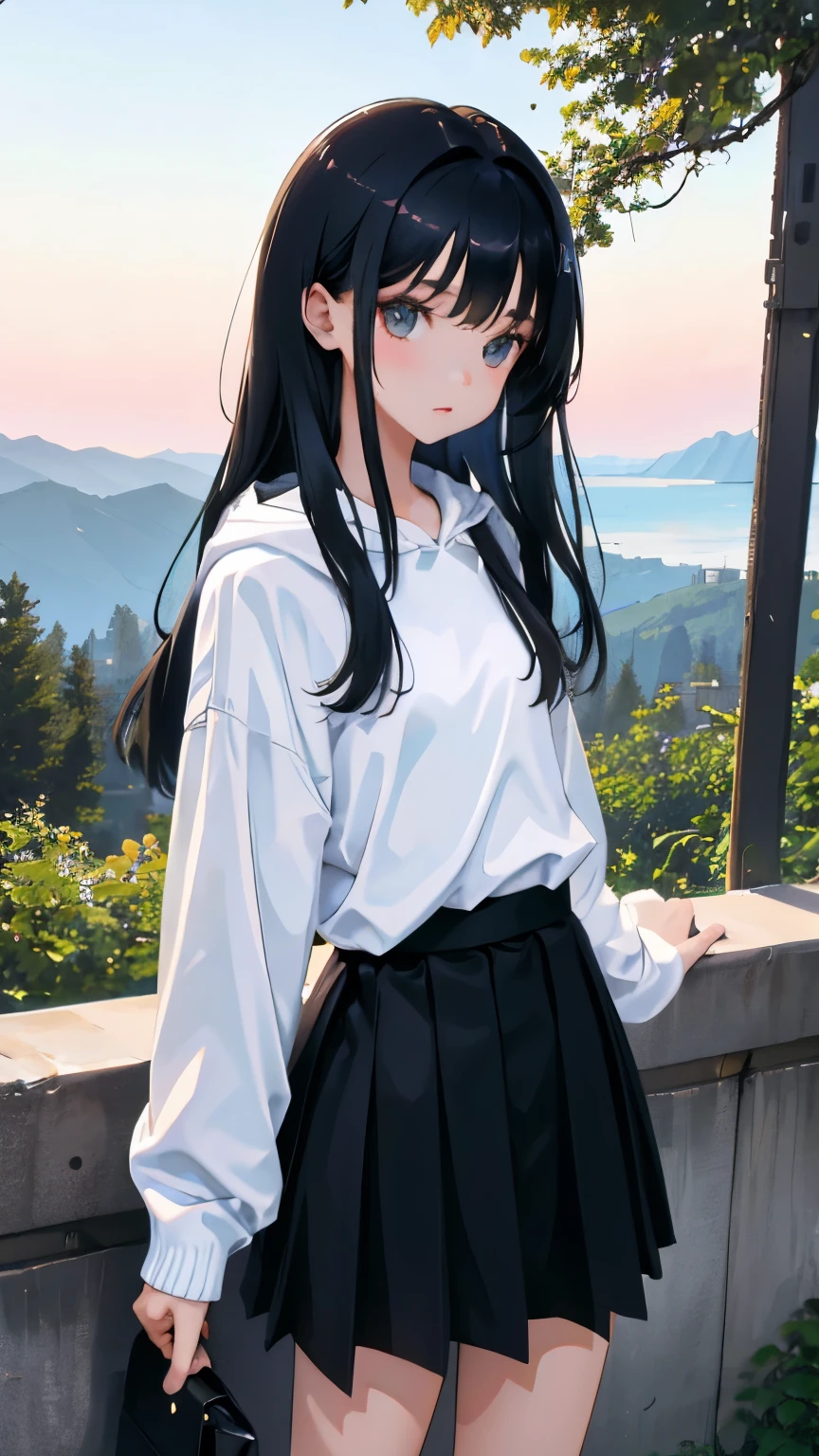 (short cute girl，small young student，young delicate girl）,（masterpiece，Top quality)，Pastel hoodies，skirt，long black hair, sea of trees