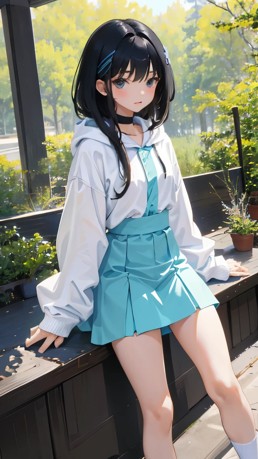 (short cute girl， young studeg delicate girl）,（masterpiece，Top quality)，Pastel hoodies，skirt，long black hair, sea of trees