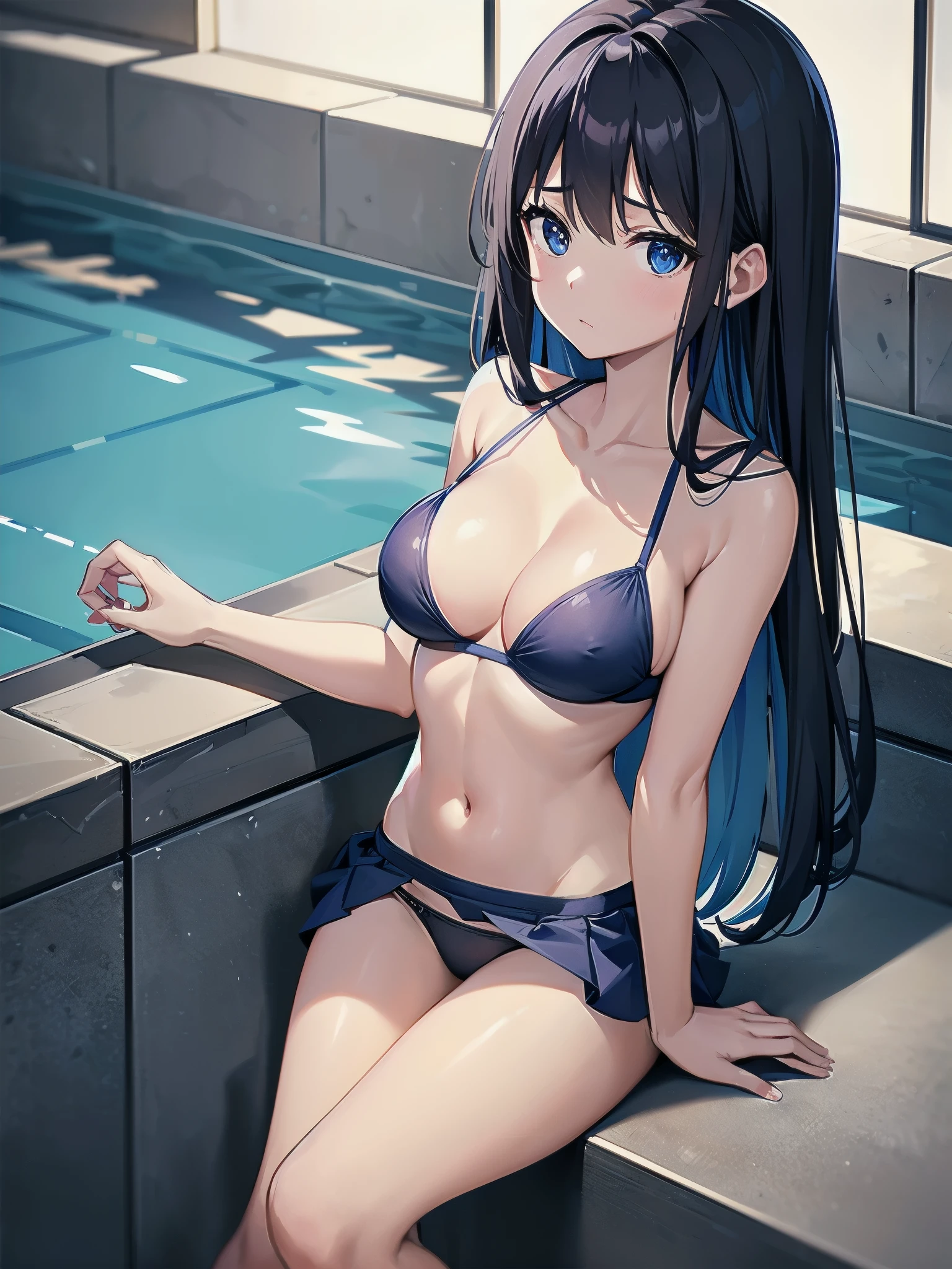 A 27-year-old female office worker enjoys her holiday at the indoor pool.、dark brownの髪色でロングボブヘアーです、A blue cloth covers the area from 4cm below the right collarbone to the bottom of the left nipple, a dark blue cloth covers from 4cm below the left collarbone to the bottom of the right nipple, and a white cloth covers the lower half of the cleavage. swimsuit tops、Navy blue swimsuit panties with ribbons on the sides、A white, transparent cloth is wrapped around the waist to form a skirt so that the panty line is visible.、The ceiling and walls are made of glass、You can see the night sky outside the glass、It&#39;s late night now