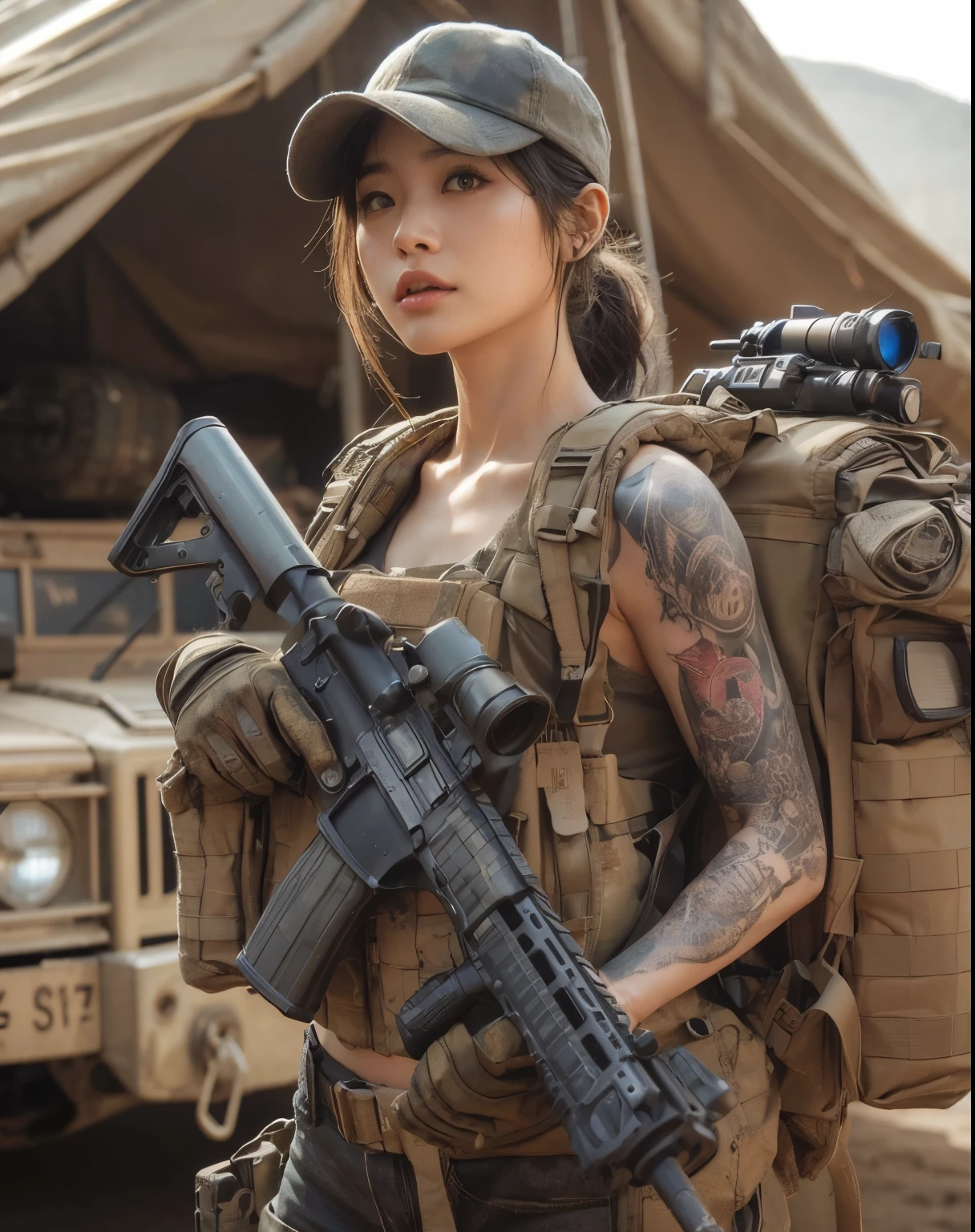 Japanese women in the US military、Holding an automatic rifle and looking nervous、bulletproof vest、Backpack、Detailed depiction of the Hulk holding an automatic rifle in a post-apocalyptic setting. Notice Hulk&#39;s realistic skin texture。, Capture every subtle detail. The scene should be grainy, Debris and impurities are scattered around. Colors must be vibrant, In contrast to the desolate background. lighting must be intense, Cast dramatic shadows and highlights on the Hulk and his surrounding environment. Images should be of the highest quality, High resolution and photorealistic rendering.tattoo