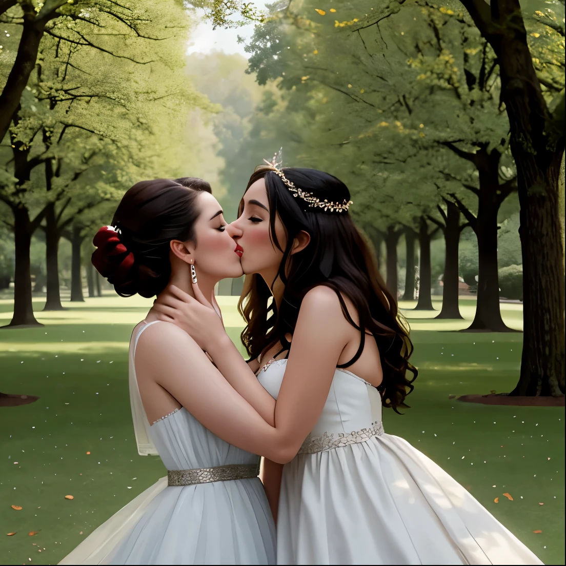araffe woman kissing a woman in a dress in a park, kissing together cutely, promo still, kissing, promotional still, lovely kiss, the kiss, kissing together, high quality film still, high quality movie still, hot, wonderful scene, the most beautiful scene, kiss, beautiful scene, movie screen shot, couple kissing, most memorable scene, french kiss