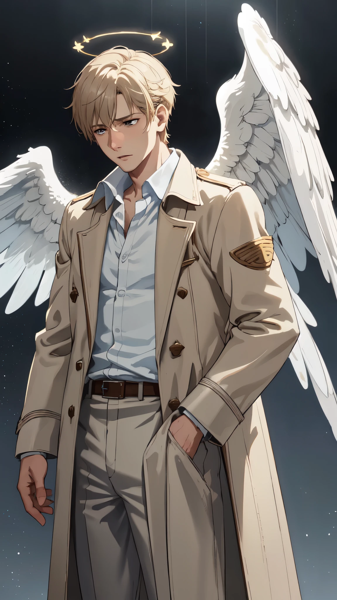 The Celestial Angels, Angels Descending from the Sky, (1man, 1boy, athletic:1.5), (sadness expression), brown trenchcoat, angel wings, halo, realistic epic, soft cinematic portrait, Adobe Lightroom, Photo Lab, highly detailed, faded, (neutral colors: 1.2), (HDR: 1.4), (soft colors:1.2), hyperdetailed, (Artstation:1.4), cinematic, warm lights, dramatic light, (intricate details:1.1), complex background, (Rutkowski:0.66), (blue and orange:0.4)